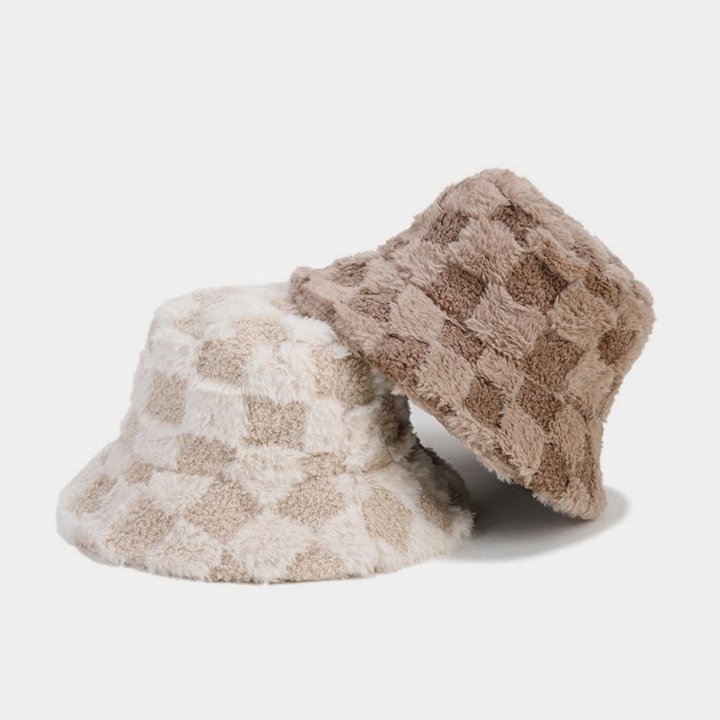 Anna-Kaci Women's Faux Shearling Checkered Bucket Hat with Soft Textured Finish 22-22.8in