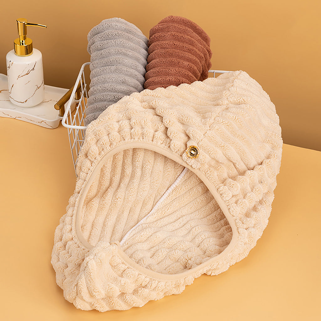 Anna-Kaci Absorbent Plush Hair Drying Towel Cap with Button Closure for Gentle Drying