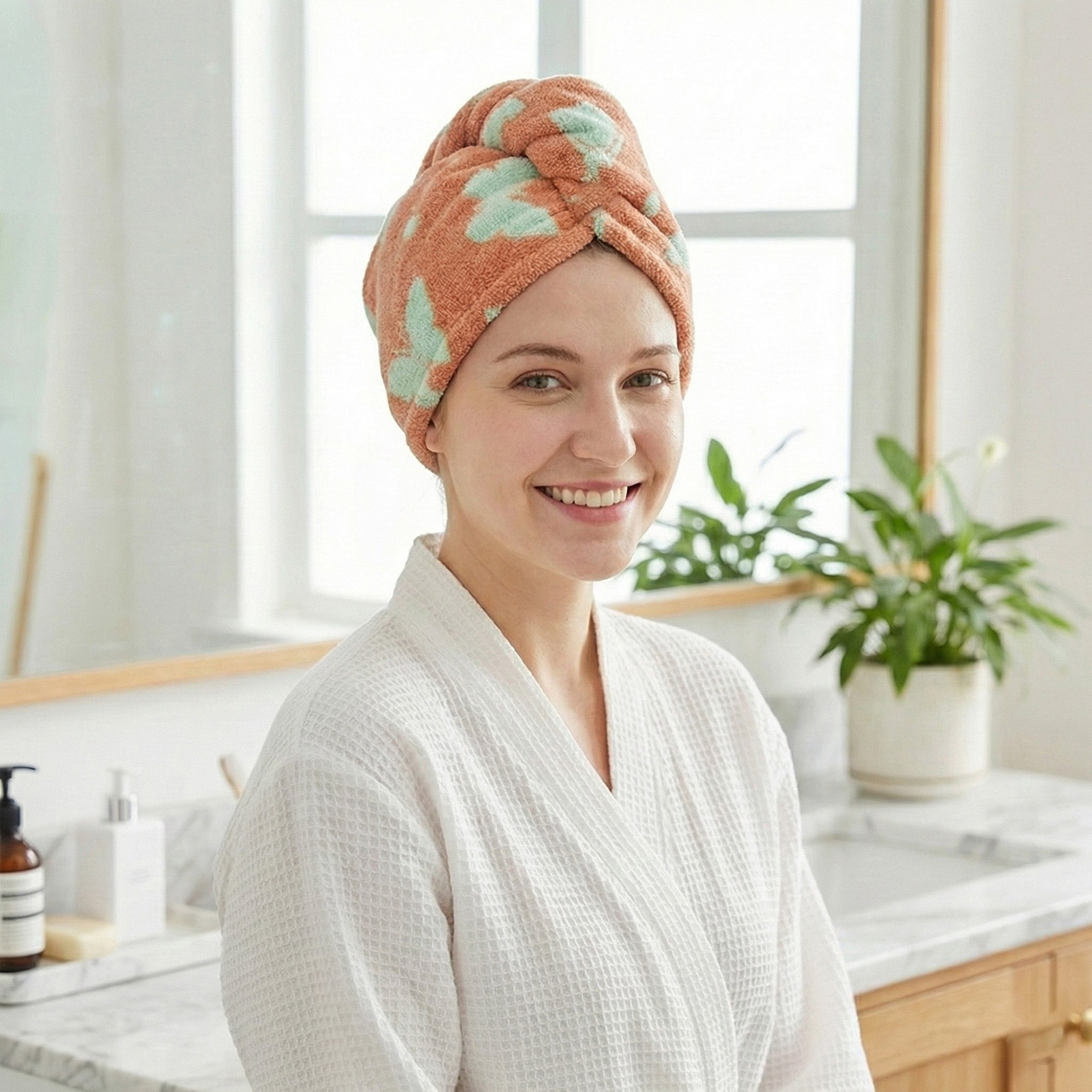 Anna-Kaci Plush Thickened Butterfly Jacquard Hair Drying Cap with Button Closure