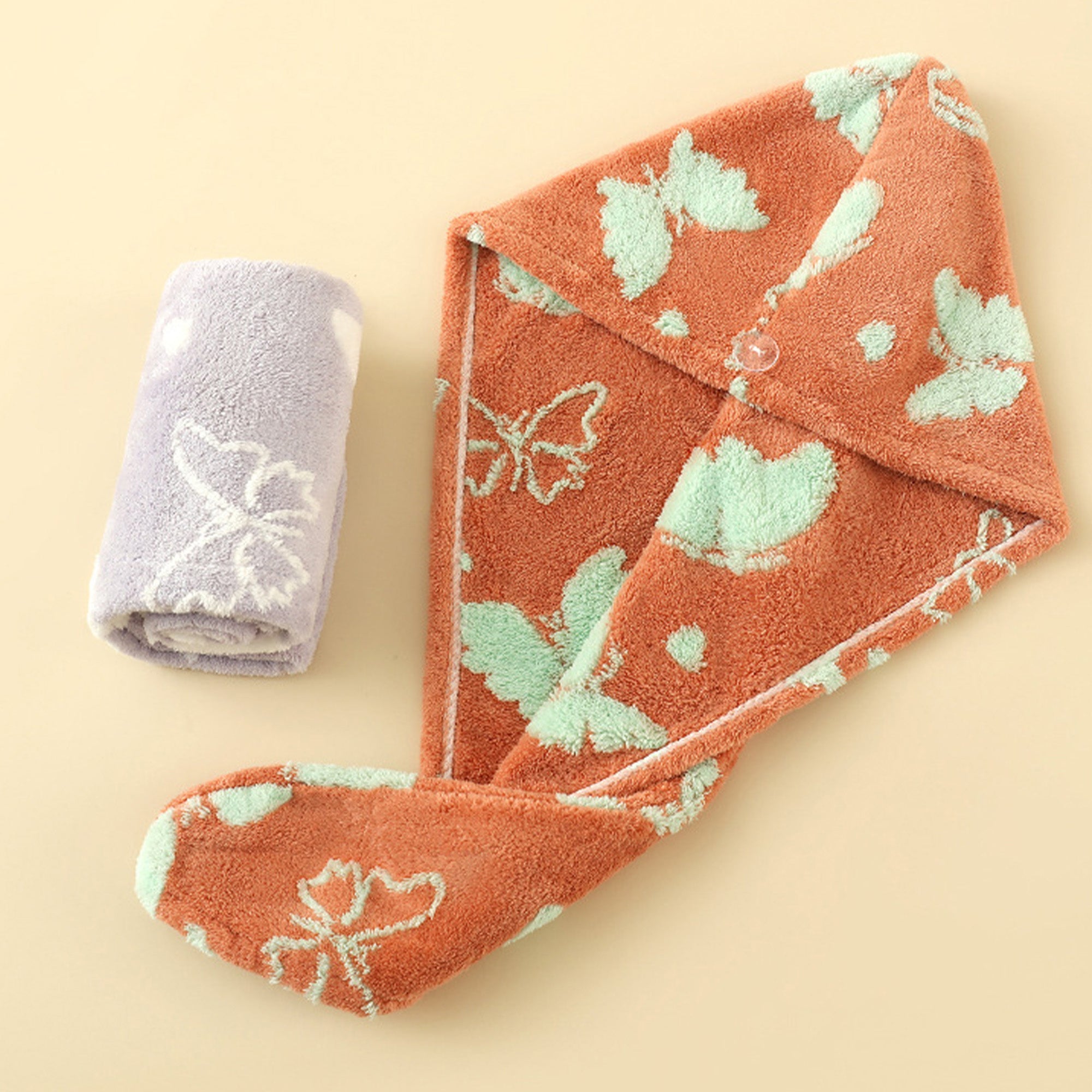 Anna-Kaci Plush Thickened Butterfly Jacquard Hair Drying Cap with Button Closure