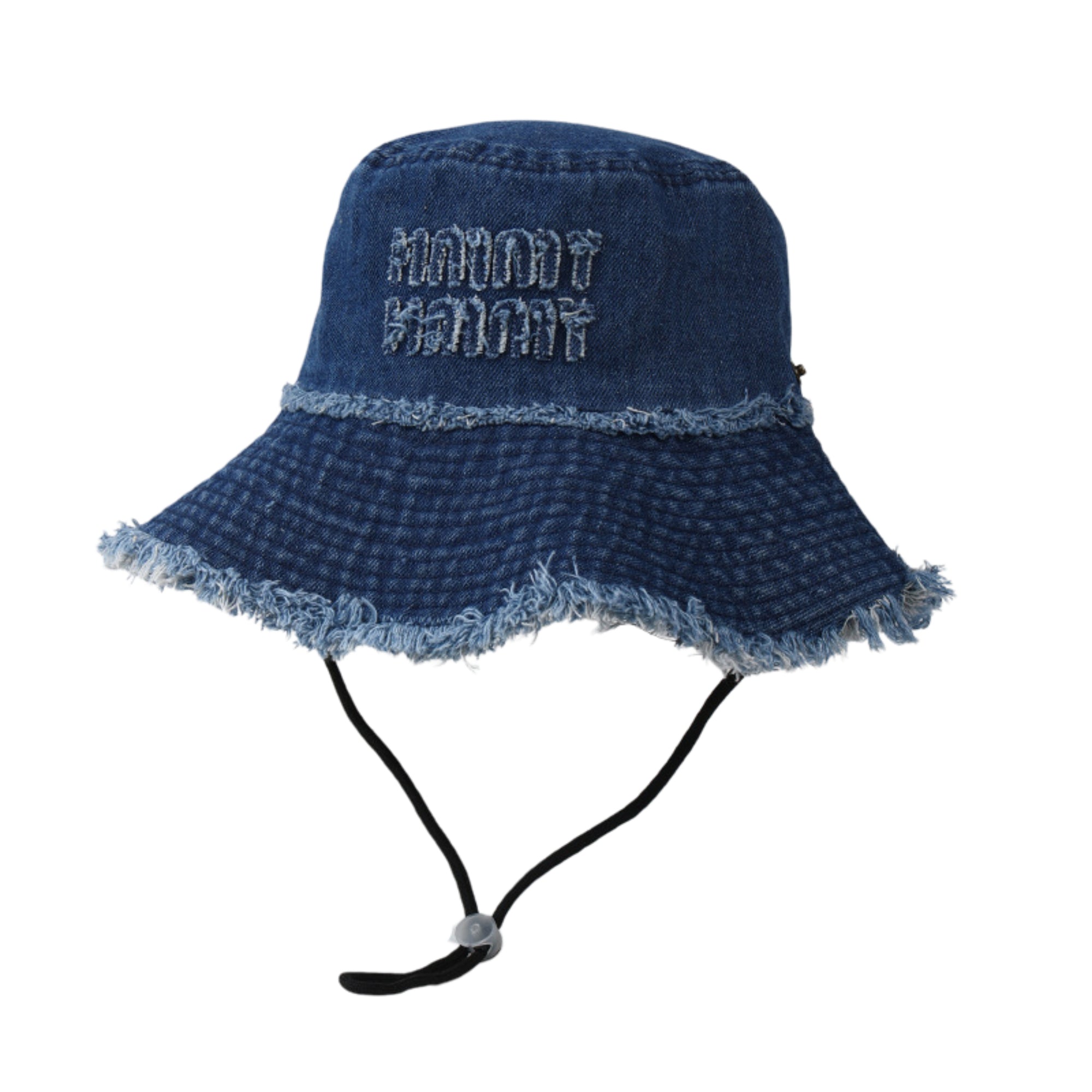 Anna-Kaci Denim Bucket Hat with Frayed Brim Embroidered Lettering and Adjustable Chin Strap
