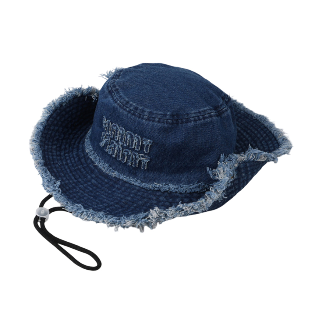 Anna-Kaci Denim Bucket Hat with Frayed Brim Embroidered Lettering and Adjustable Chin Strap