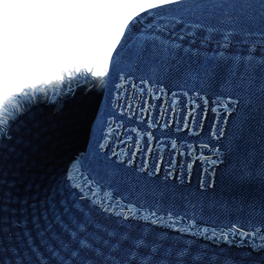 Anna-Kaci Denim Bucket Hat with Frayed Brim Embroidered Lettering and Adjustable Chin Strap