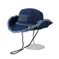 Anna-Kaci Denim Bucket Hat with Frayed Brim Embroidered Lettering and Adjustable Chin Strap