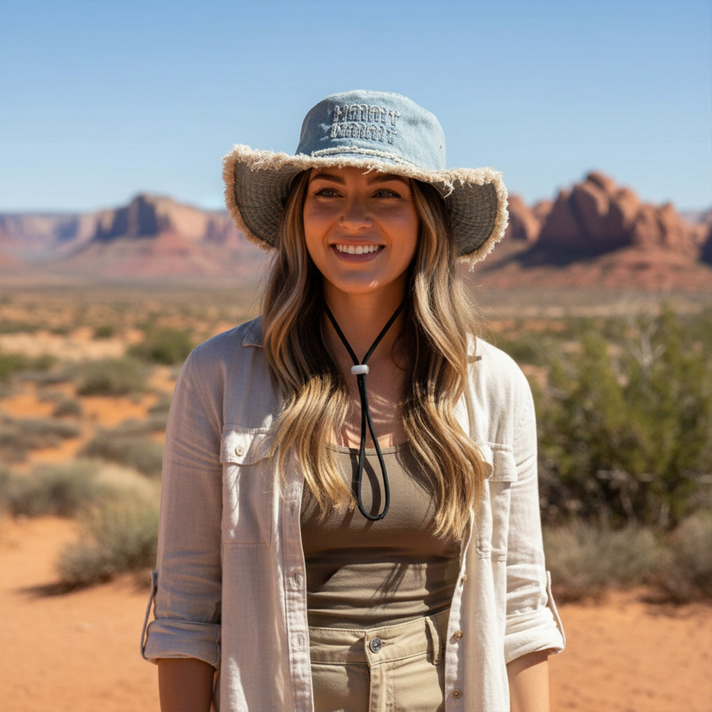 Anna-Kaci Denim Bucket Hat with Frayed Brim Embroidered Lettering and Adjustable Chin Strap