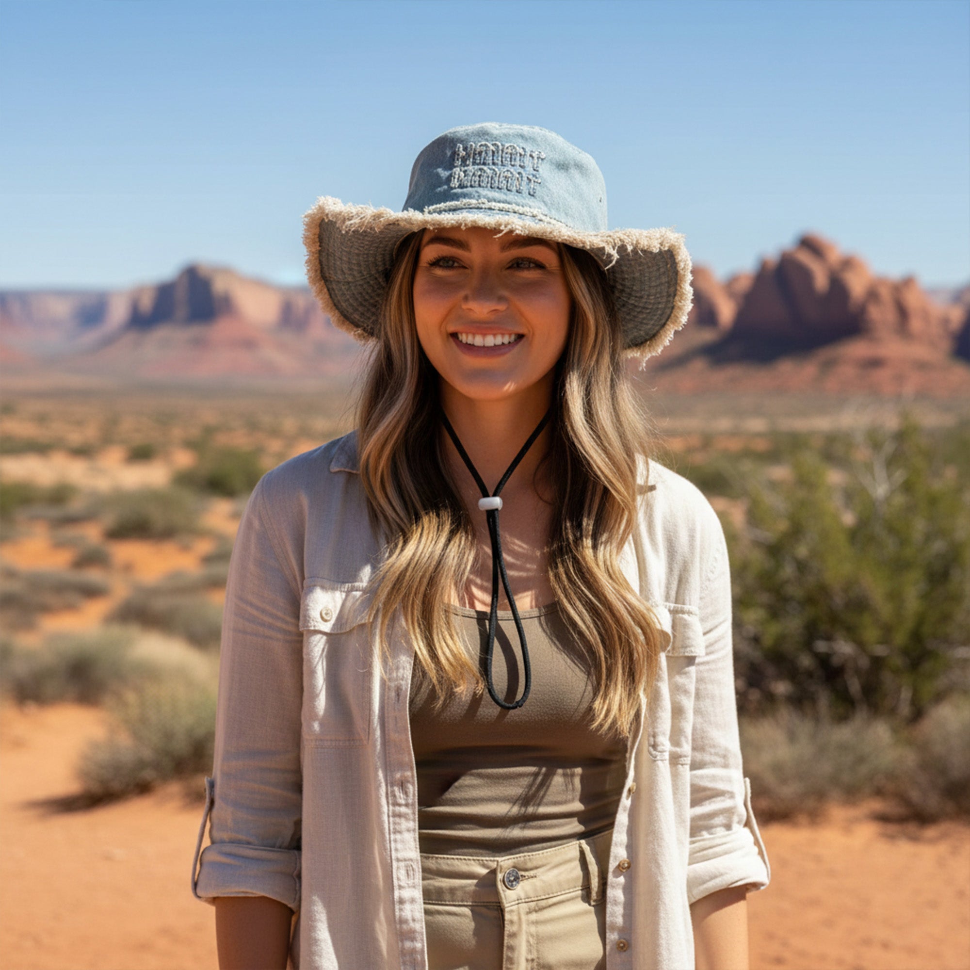 Anna-Kaci Denim Bucket Hat with Frayed Brim Embroidered Lettering and Adjustable Chin Strap
