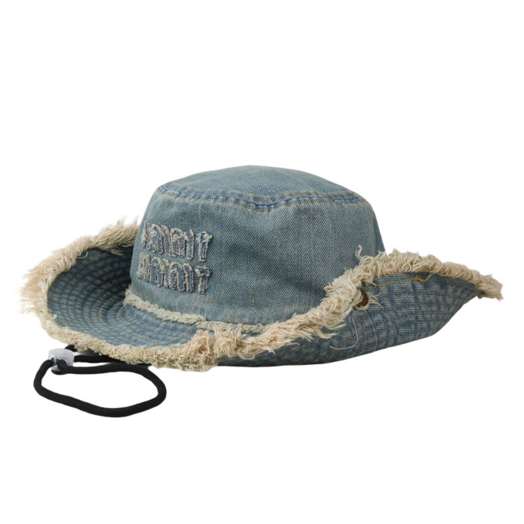 Anna-Kaci Denim Bucket Hat with Frayed Brim Embroidered Lettering and Adjustable Chin Strap