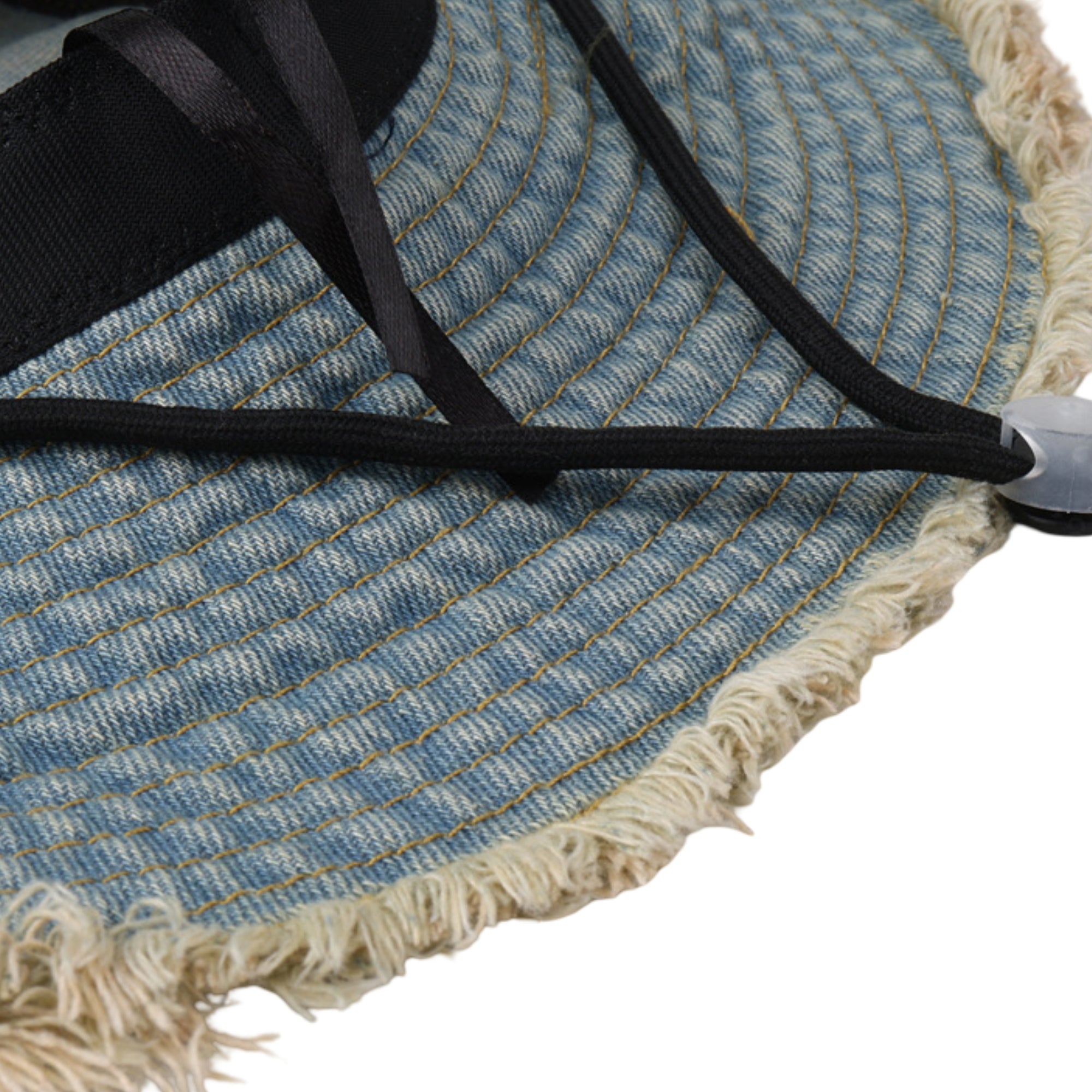 Anna-Kaci Denim Bucket Hat with Frayed Brim Embroidered Lettering and Adjustable Chin Strap