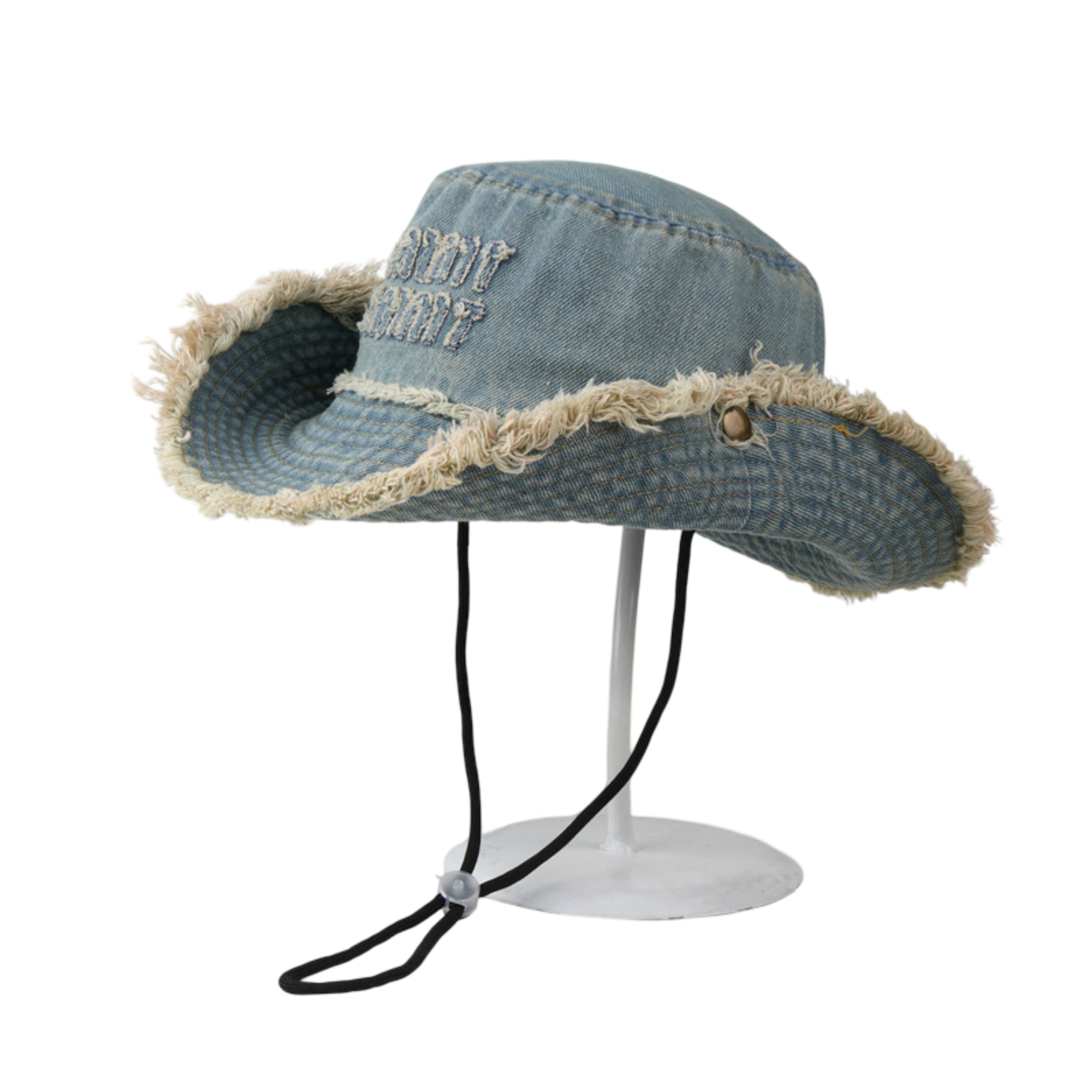 Anna-Kaci Denim Bucket Hat with Frayed Brim Embroidered Lettering and Adjustable Chin Strap