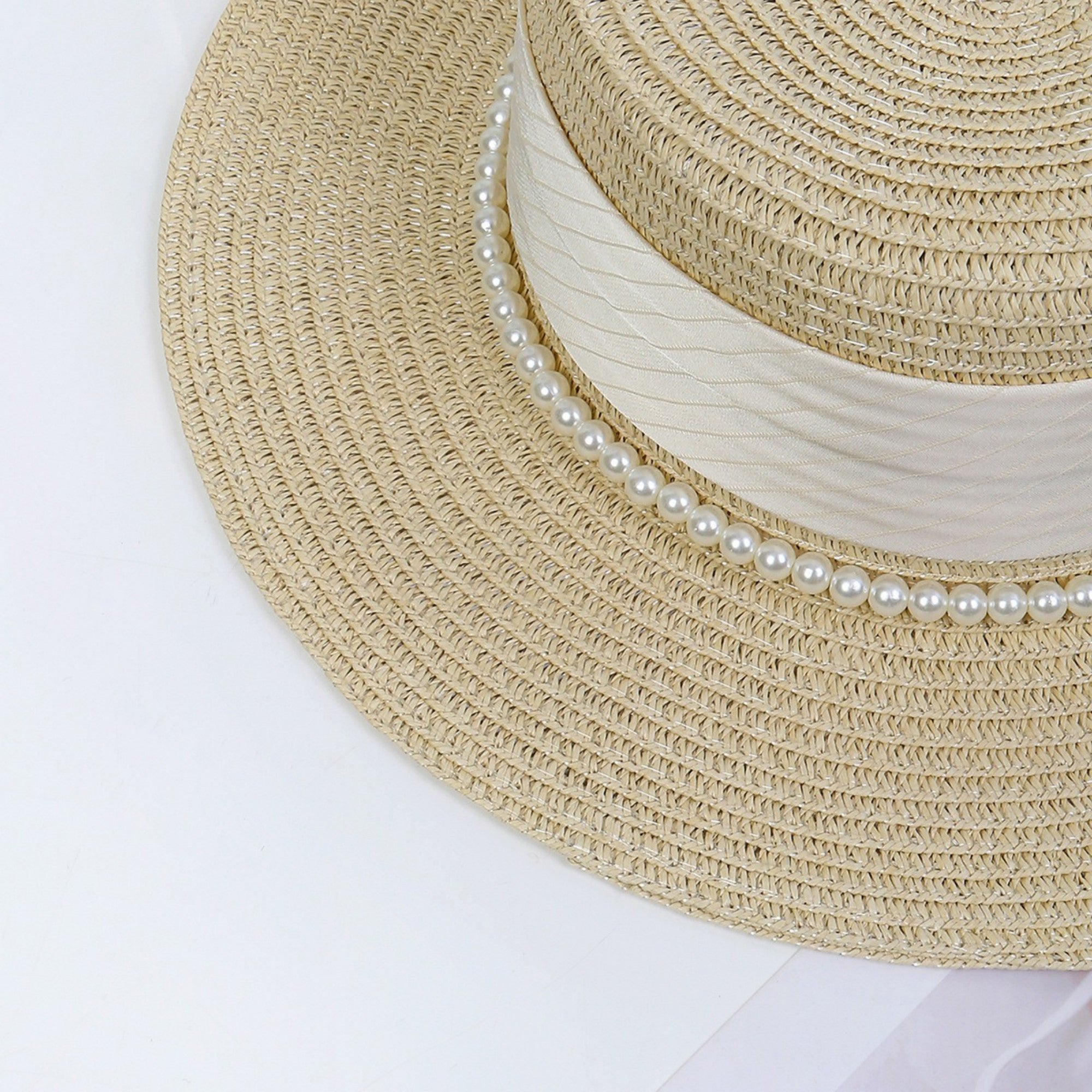 Anna-Kaci Women's Straw Boater Hat with Flat Brim Structured Crown Pearl Ribbon Band Detail