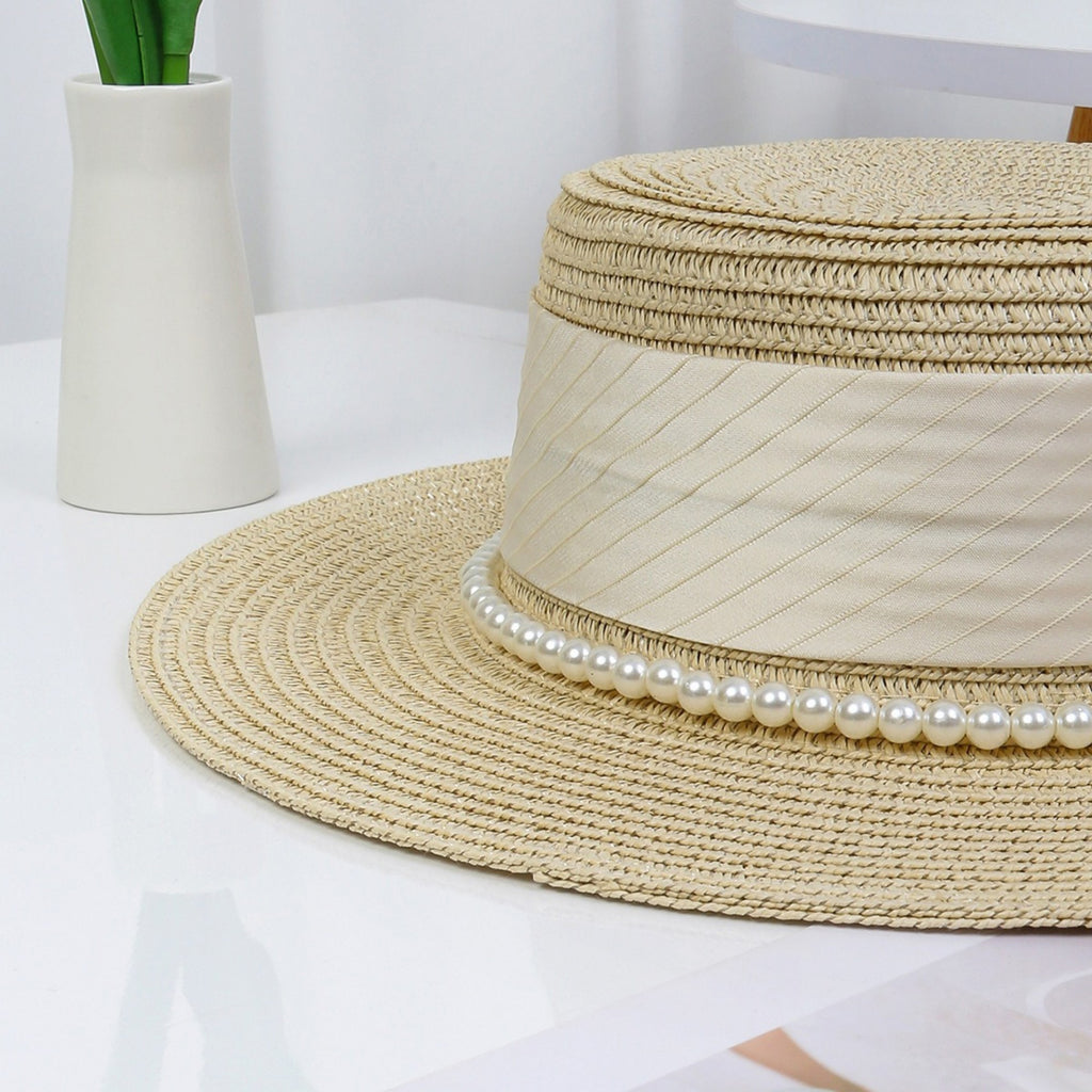 Anna-Kaci Women's Straw Boater Hat with Flat Brim Structured Crown Pearl Ribbon Band Detail