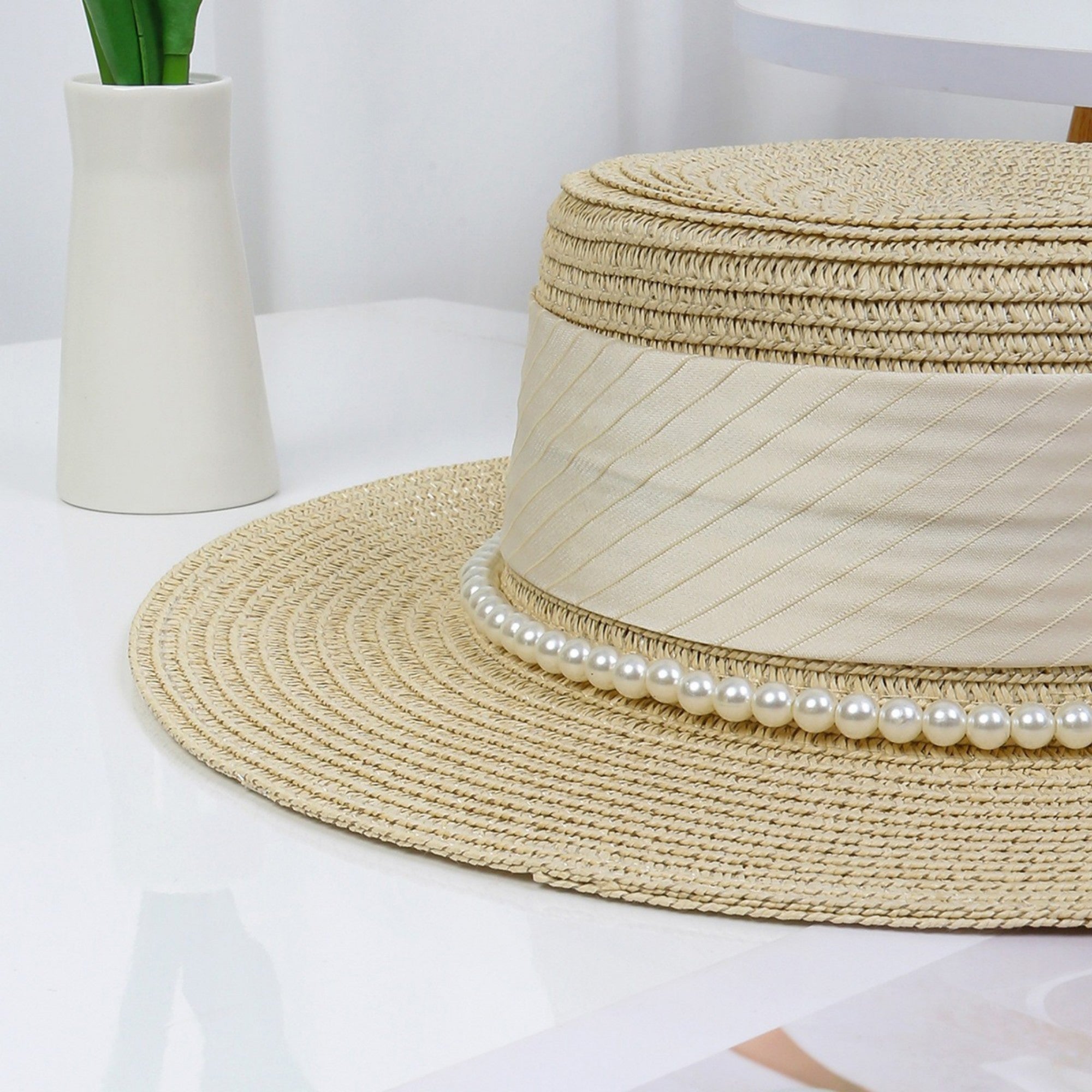 Anna-Kaci Women's Straw Boater Hat with Flat Brim Structured Crown Pearl Ribbon Band Detail