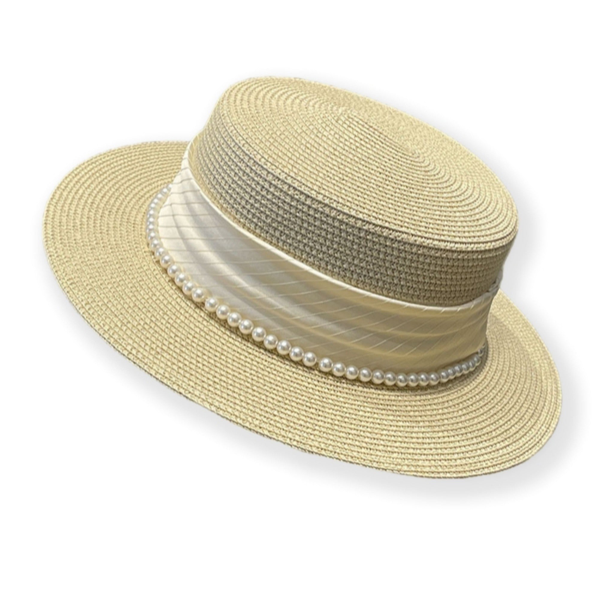 Anna-Kaci Women's Straw Boater Hat with Flat Brim Structured Crown Pearl Ribbon Band Detail