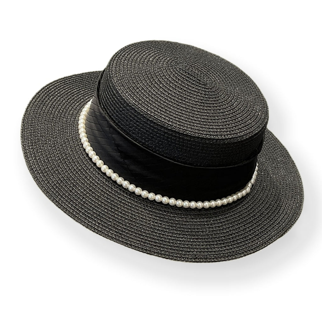 Anna-Kaci Women's Straw Boater Hat with Flat Brim Structured Crown Pearl Ribbon Band Detail