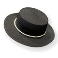 Anna-Kaci Women's Straw Boater Hat with Flat Brim Structured Crown Pearl Ribbon Band Detail