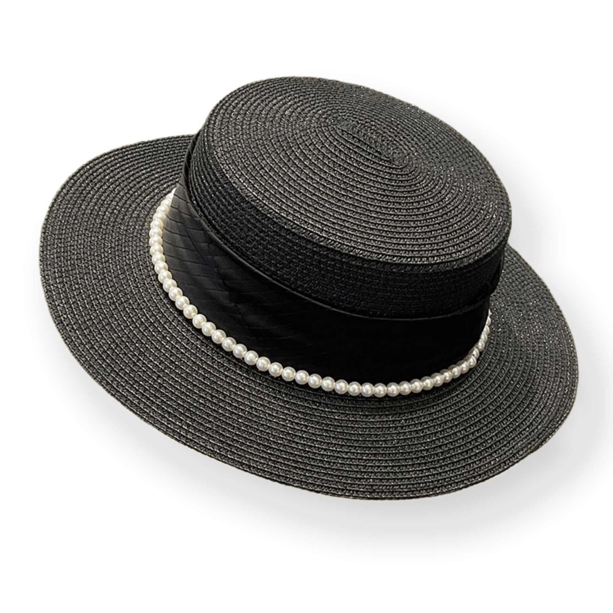 Anna-Kaci Women's Straw Boater Hat with Flat Brim Structured Crown Pearl Ribbon Band Detail