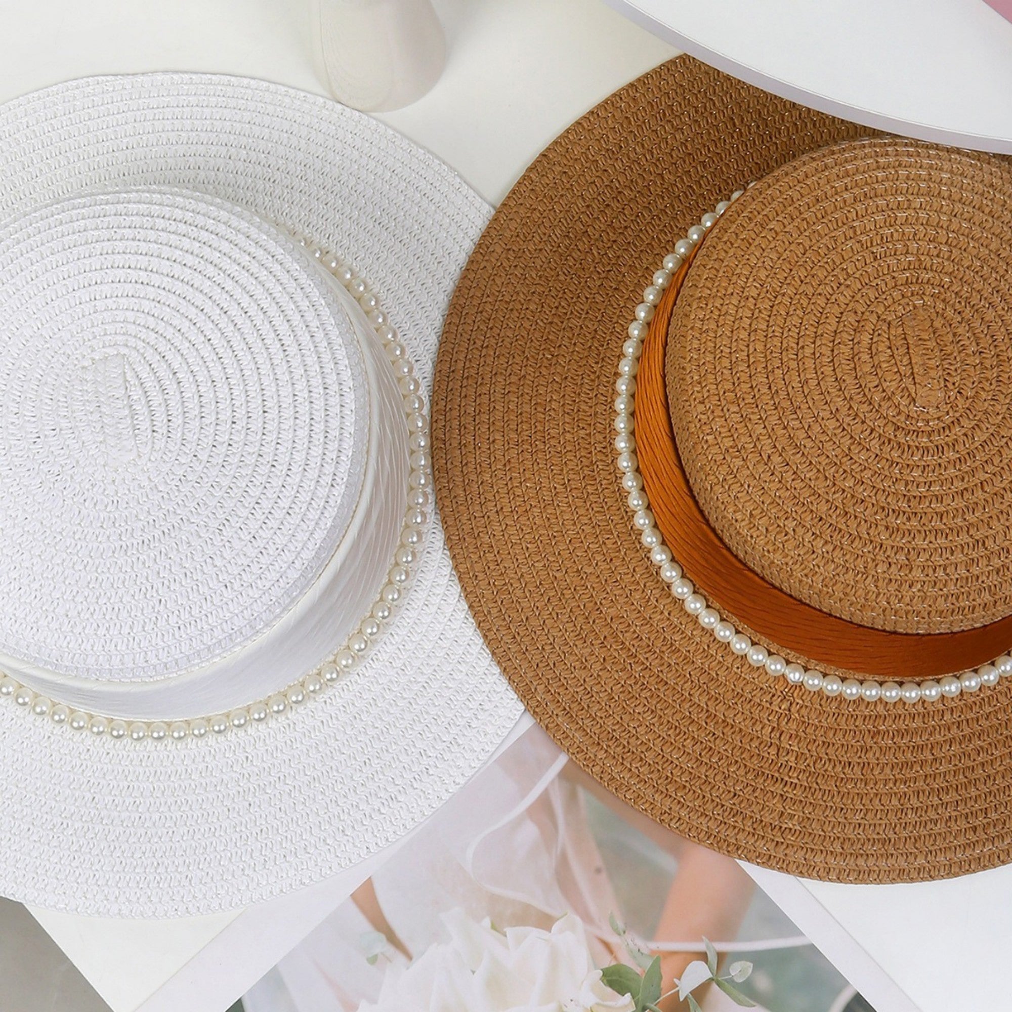 Anna-Kaci Women's Straw Boater Hat with Flat Brim Structured Crown Pearl Ribbon Band Detail