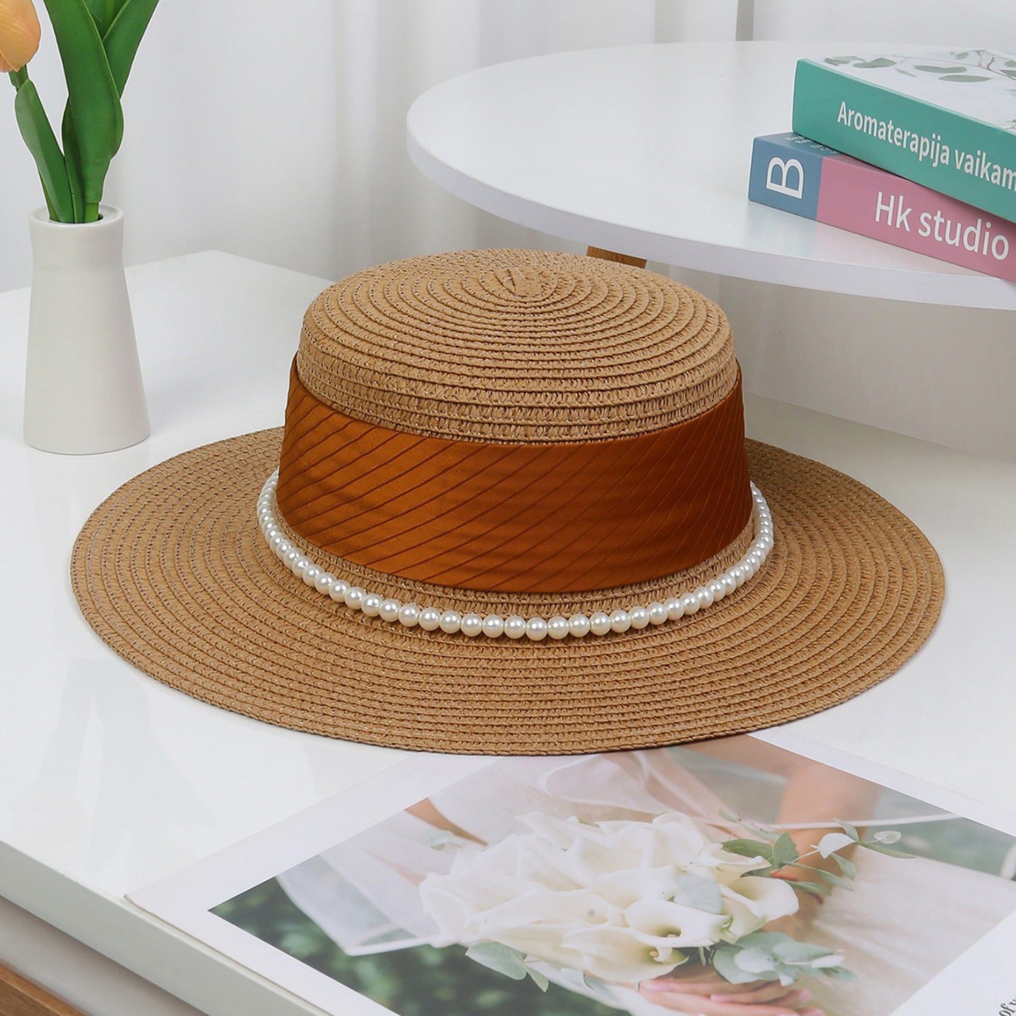 Anna-Kaci Women's Straw Boater Hat with Flat Brim Structured Crown Pearl Ribbon Band Detail