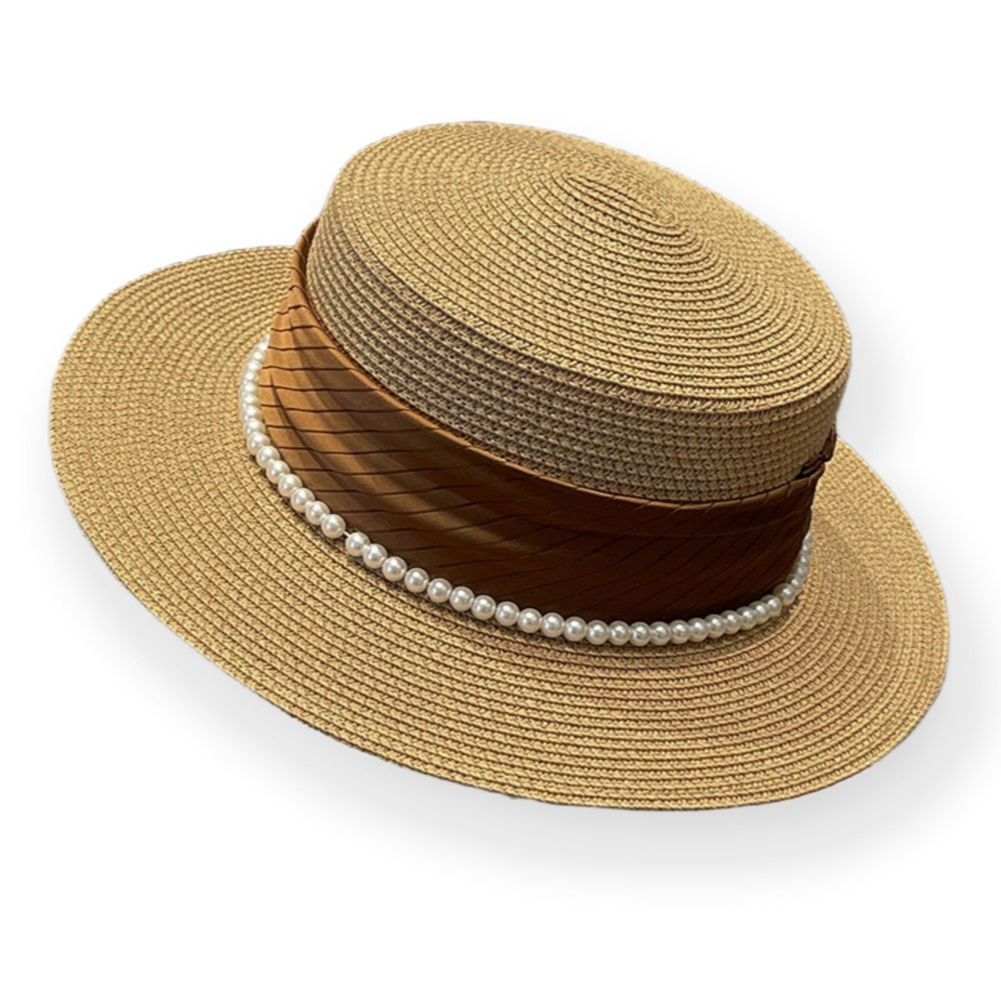 Anna-Kaci Women's Straw Boater Hat with Flat Brim Structured Crown Pearl Ribbon Band Detail