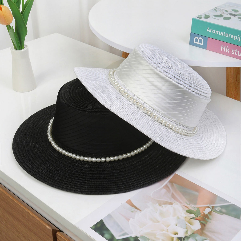 Anna-Kaci Women's Straw Boater Hat with Flat Brim Structured Crown Pearl Ribbon Band Detail
