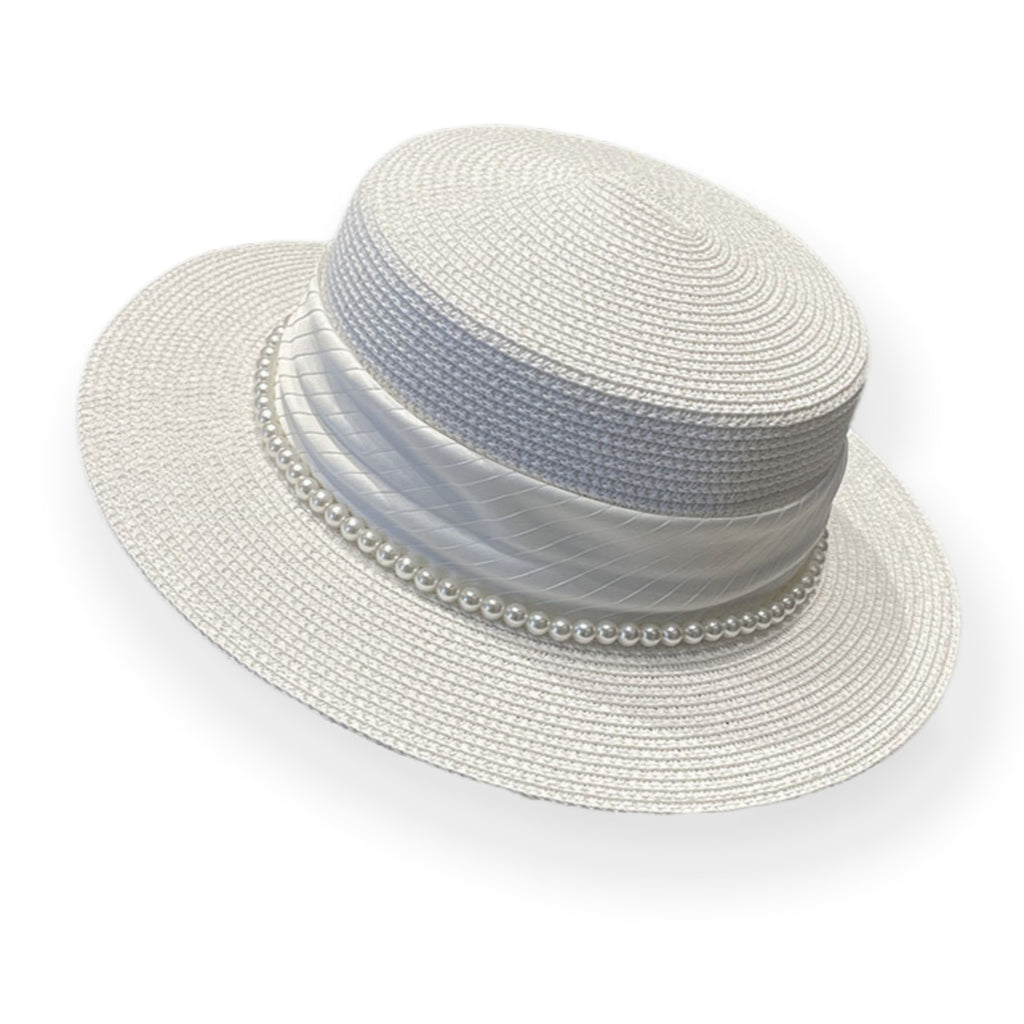 Anna-Kaci Women's Straw Boater Hat with Flat Brim Structured Crown Pearl Ribbon Band Detail