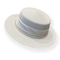 Anna-Kaci Women's Straw Boater Hat with Flat Brim Structured Crown Pearl Ribbon Band Detail