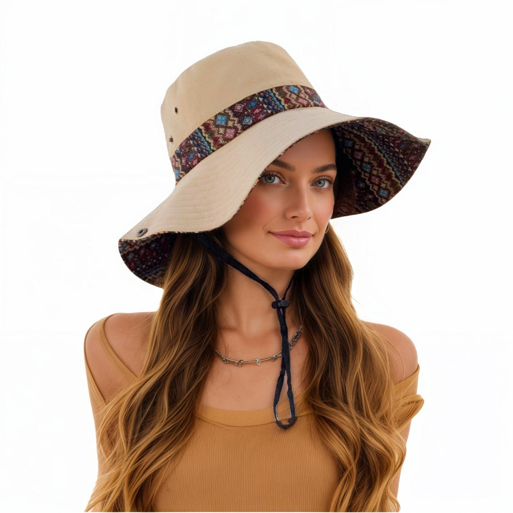 Anna-Kaci Women's Wide Brim Sun Hat with Adjustable Chin Strap Decorative Band Casual Headwear