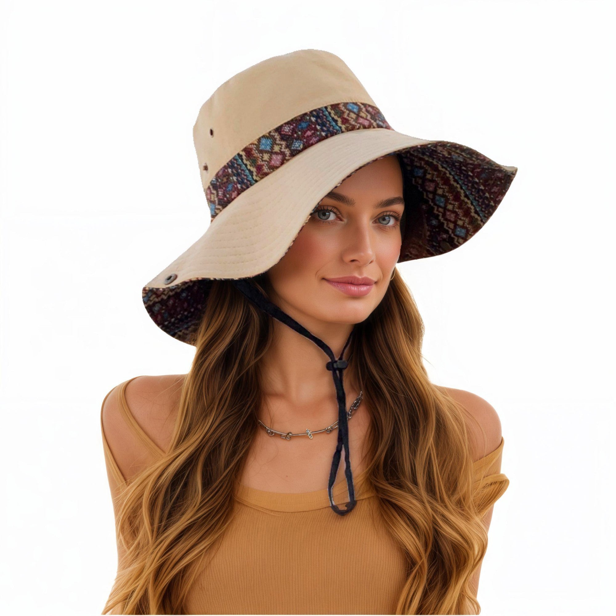 Anna-Kaci Women's Wide Brim Sun Hat with Adjustable Chin Strap Decorative Band Casual Headwear