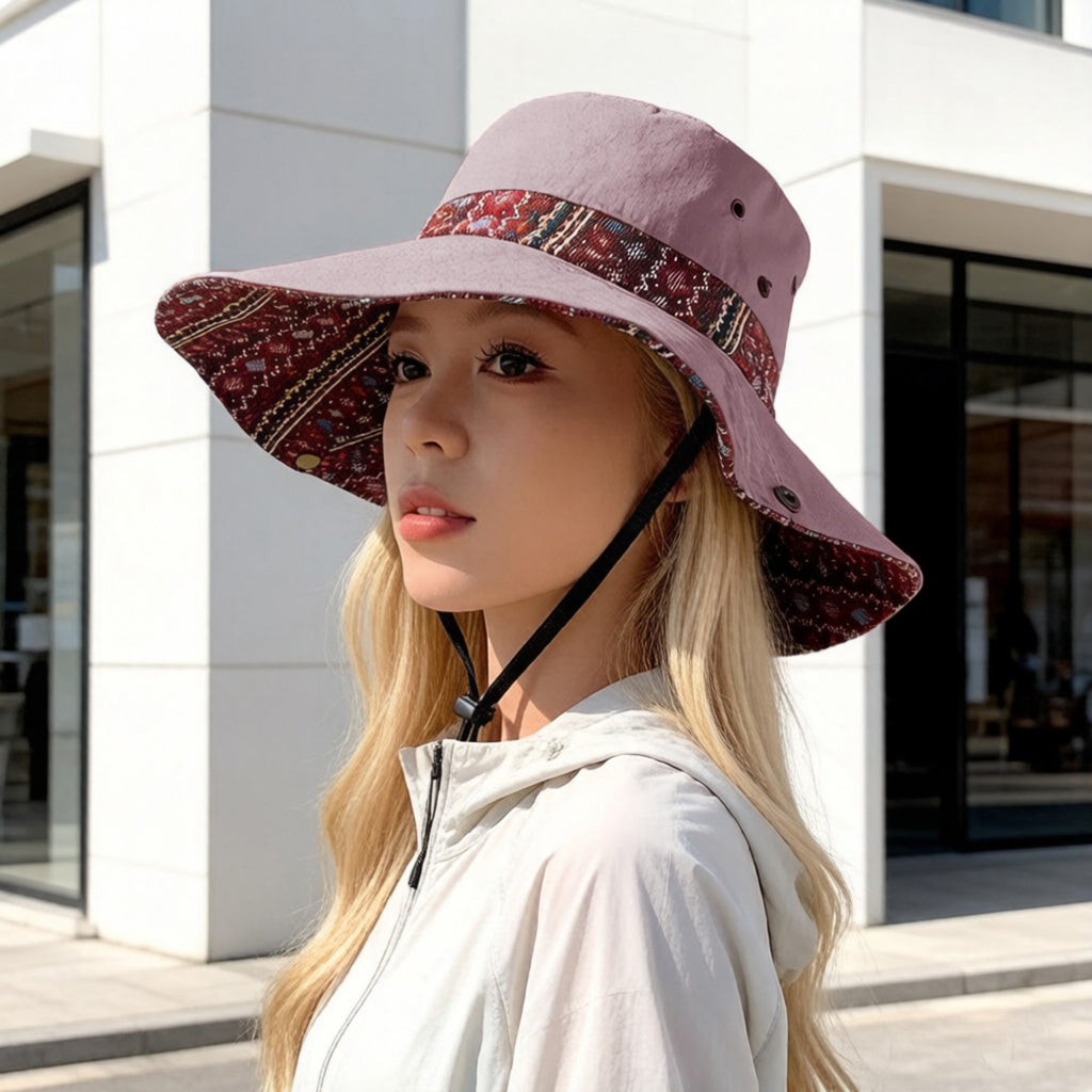 Anna-Kaci Women's Wide Brim Sun Hat with Adjustable Chin Strap Decorative Band Casual Headwear