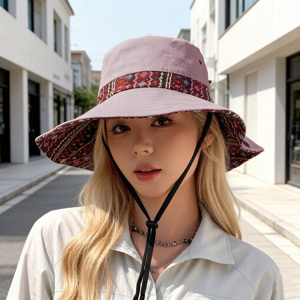 Anna-Kaci Women's Wide Brim Sun Hat with Adjustable Chin Strap Decorative Band Casual Headwear
