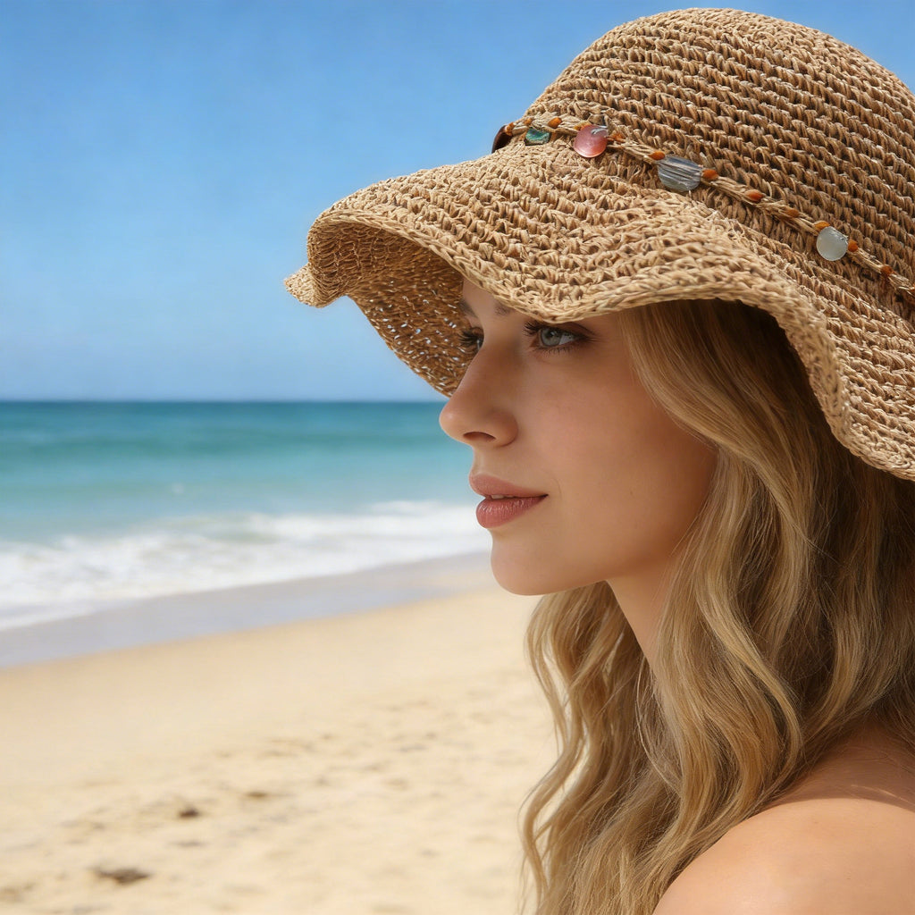 Anna-Kaci Womens Woven Straw Sun Hat with Beaded Band and Floppy Brim
