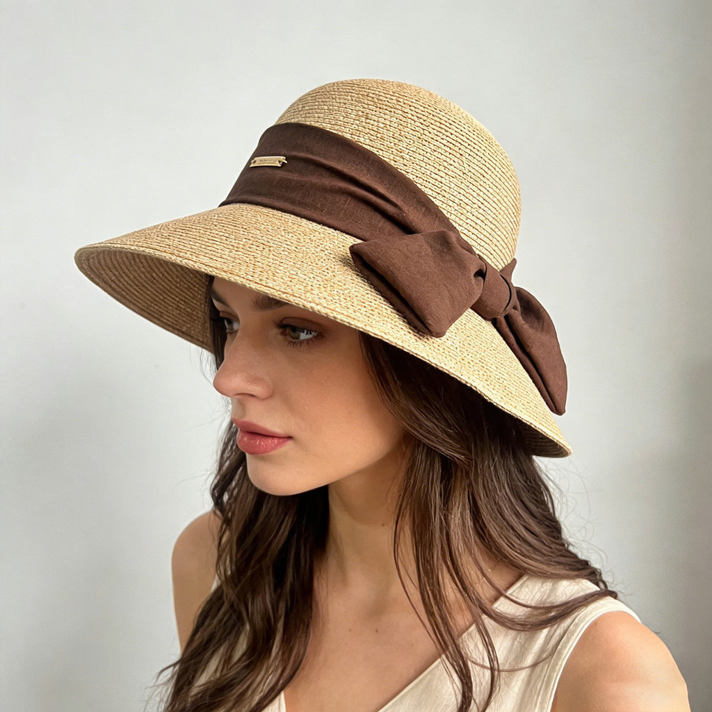 Anna-Kaci Womens Straw Sun Hat with Fabric Bow Detail Lightweight Summer Hat