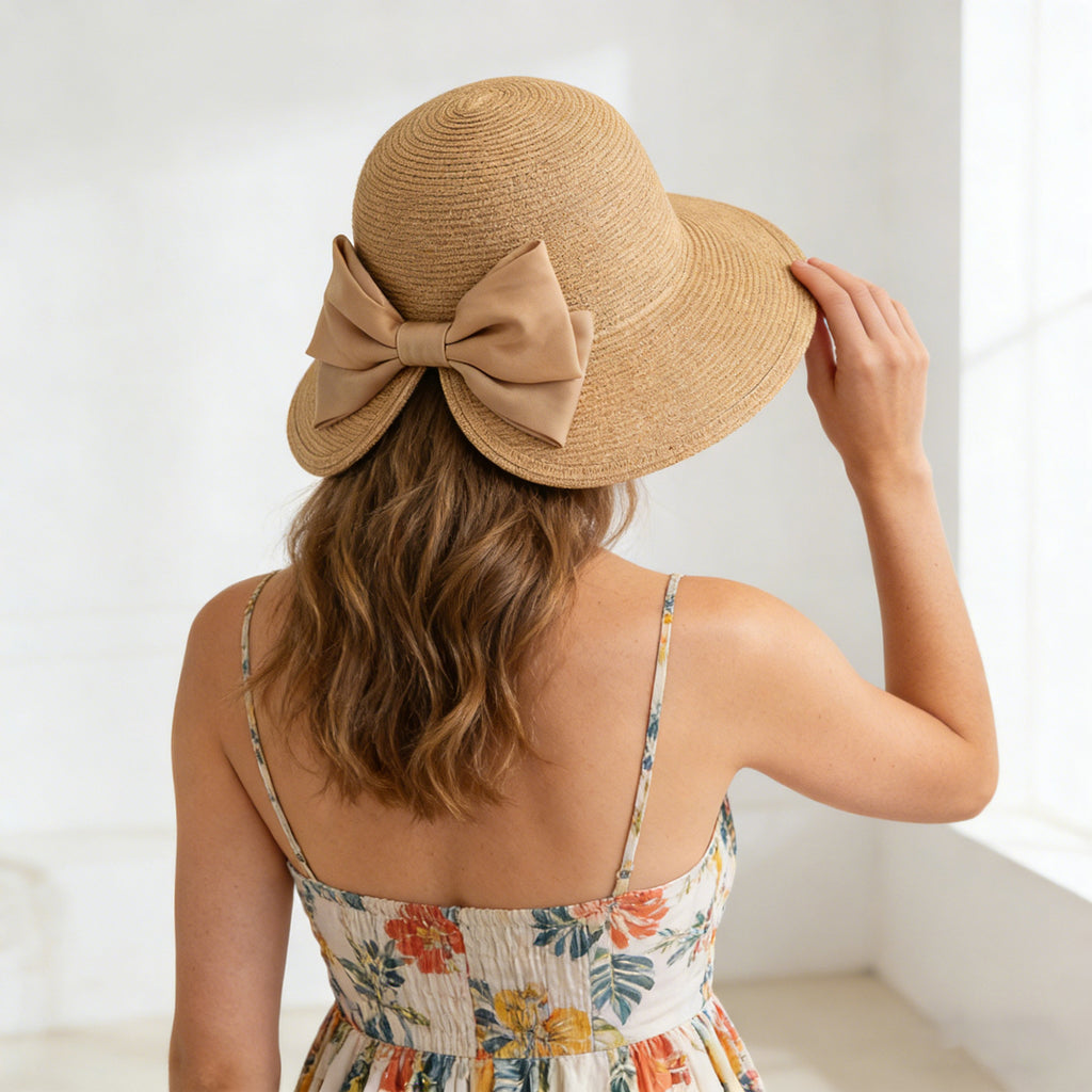 Anna-Kaci Womens Elegant Straw Sun Hat with Soft Bow Detail