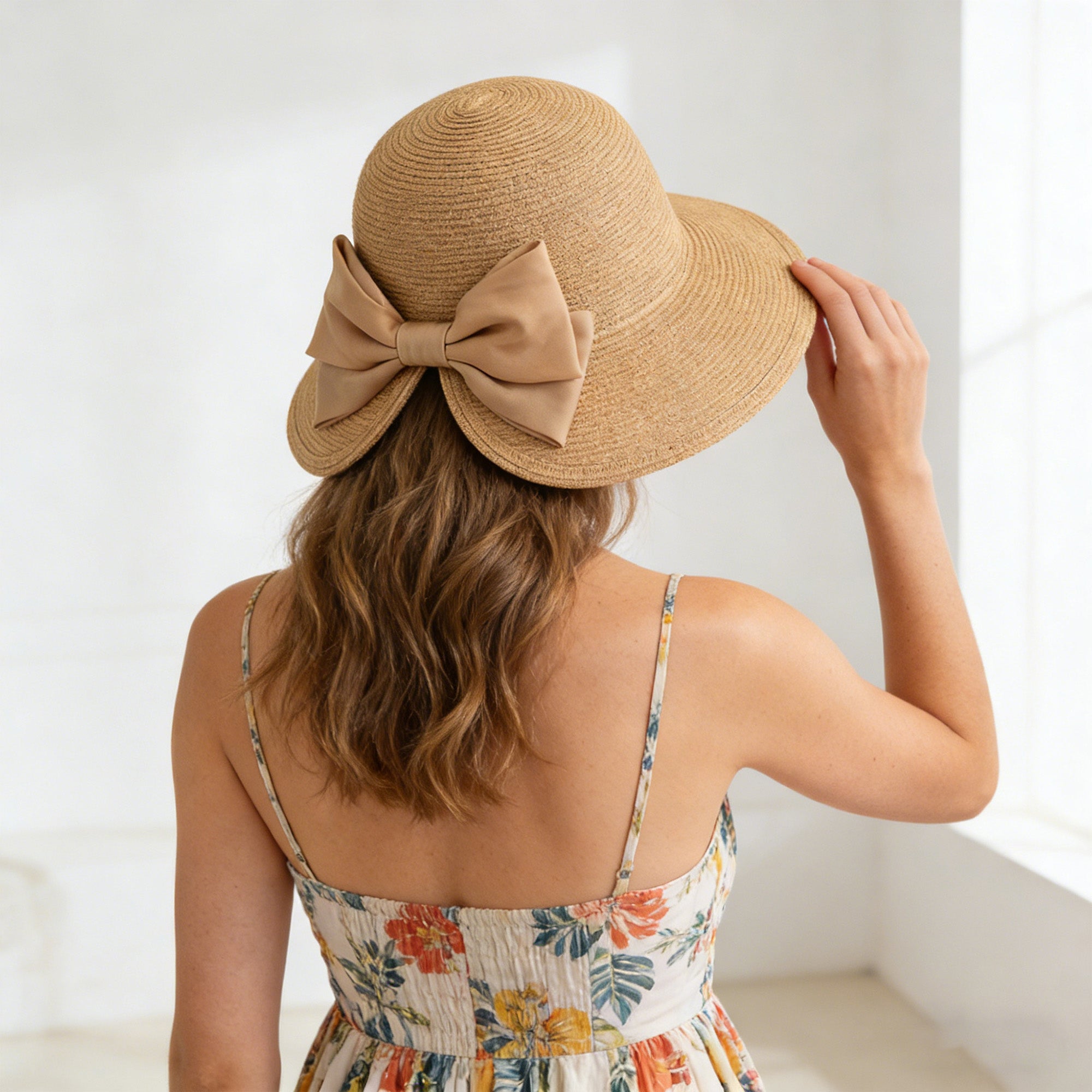 Anna-Kaci Womens Elegant Straw Sun Hat with Soft Bow Detail