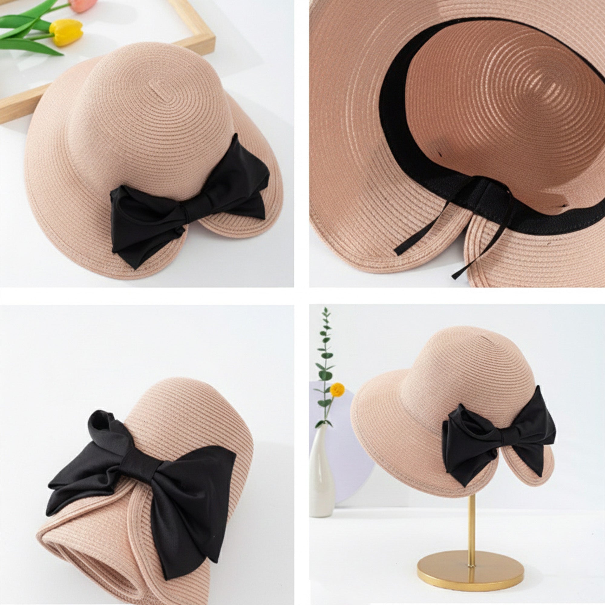 Anna-Kaci Womens Elegant Straw Sun Hat with Soft Bow Detail