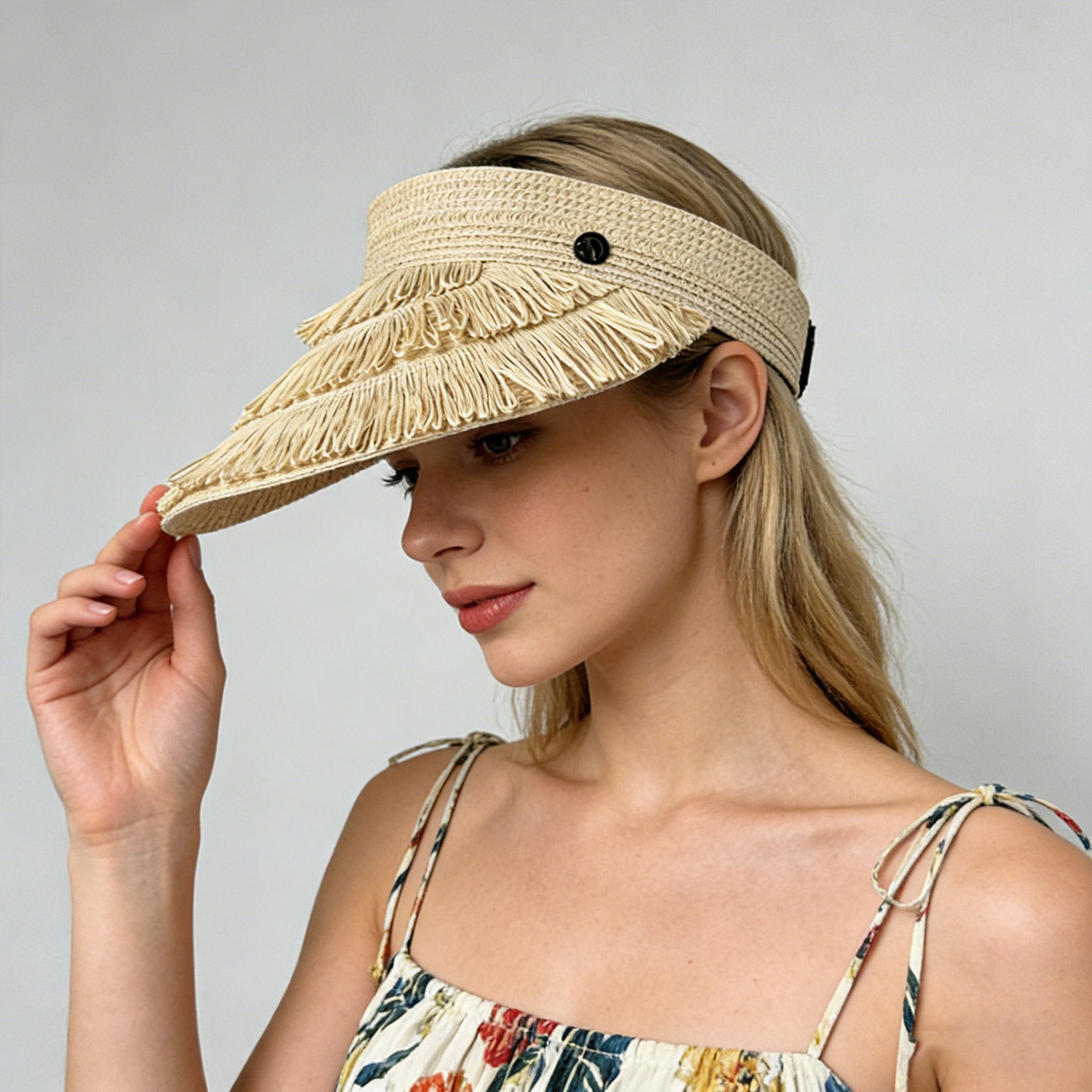 Anna-Kaci Womens Wide Brim Straw Fringe Sun Visor with Adjustable Elastic Back