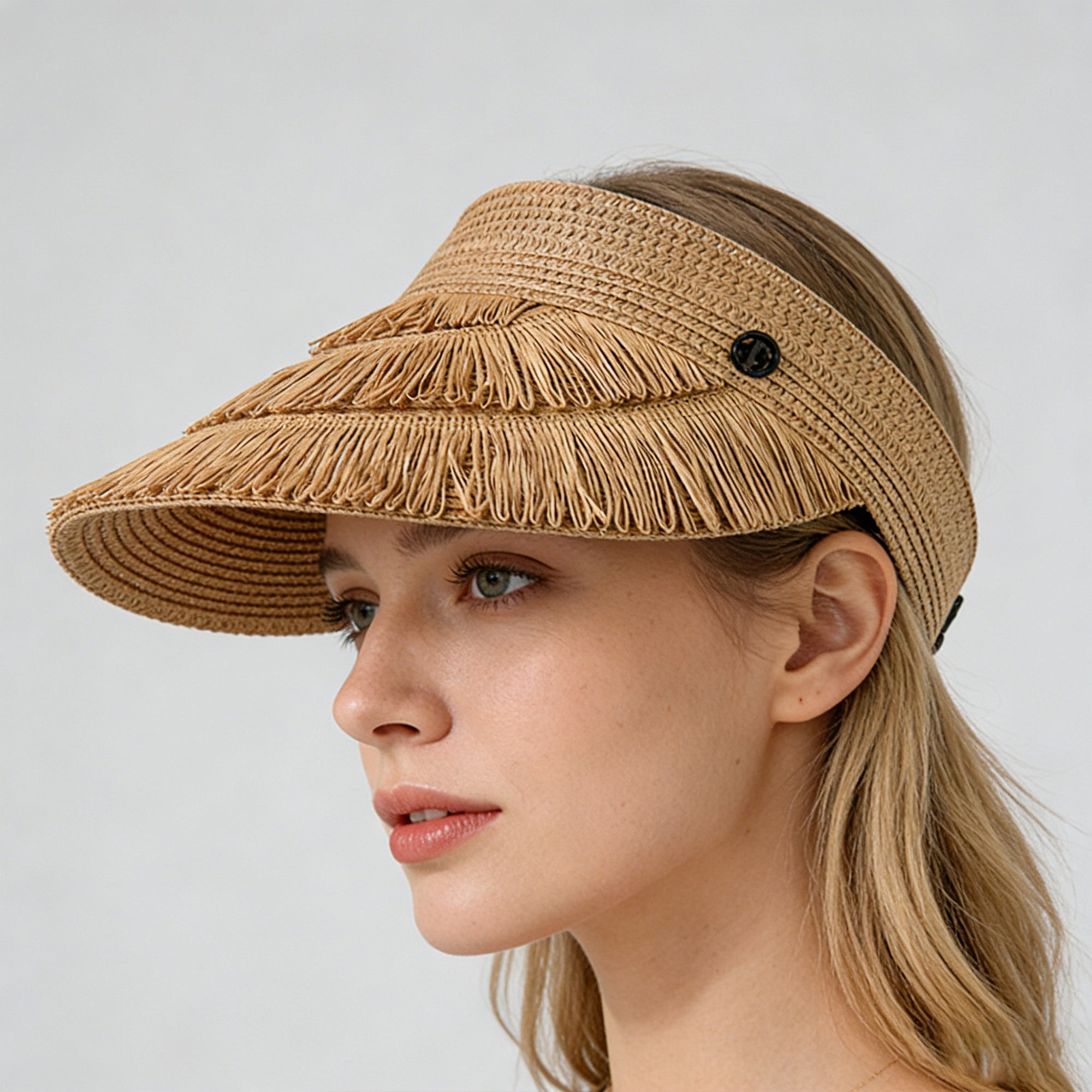 Anna-Kaci Womens Wide Brim Straw Fringe Sun Visor with Adjustable Elastic Back