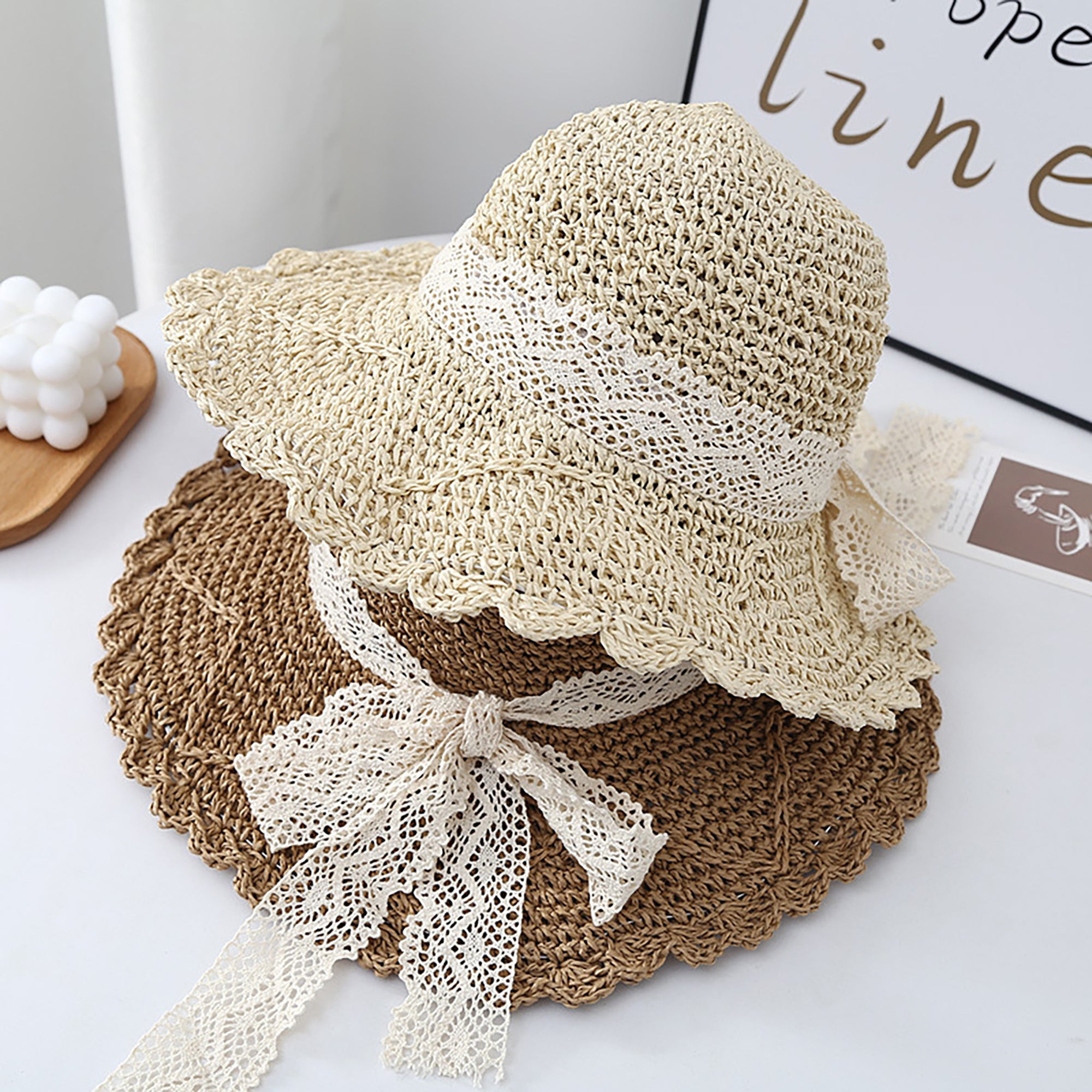 Anna-Kaci Womens Wide Brim Crochet Straw Sun Hat with Lace Bow Adjustable Fit