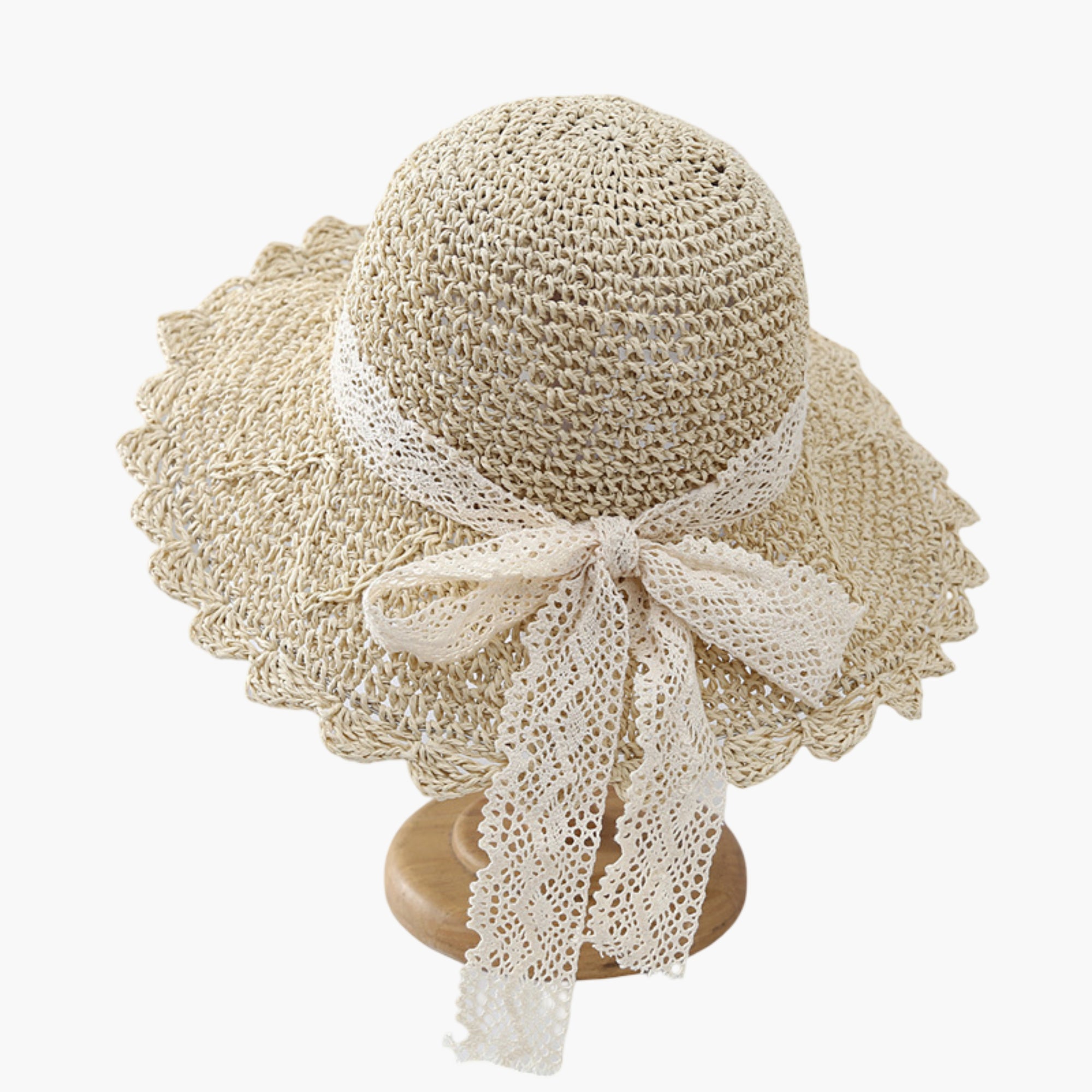 Anna-Kaci Womens Wide Brim Crochet Straw Sun Hat with Lace Bow Adjustable Fit