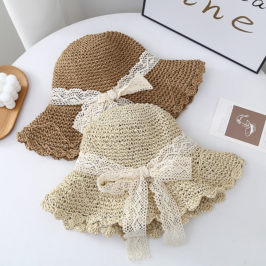 Anna-Kaci Womens Wide Brim Crochet Straw Sun Hat with Lace Bow Adjustable Fit