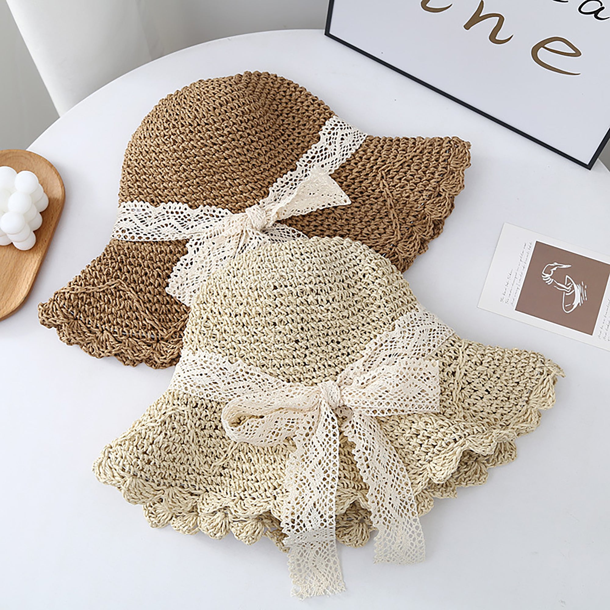 Anna-Kaci Womens Wide Brim Crochet Straw Sun Hat with Lace Bow Adjustable Fit