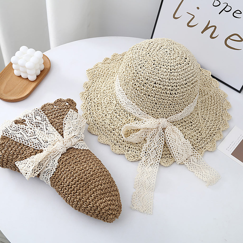 Anna-Kaci Womens Wide Brim Crochet Straw Sun Hat with Lace Bow Adjustable Fit