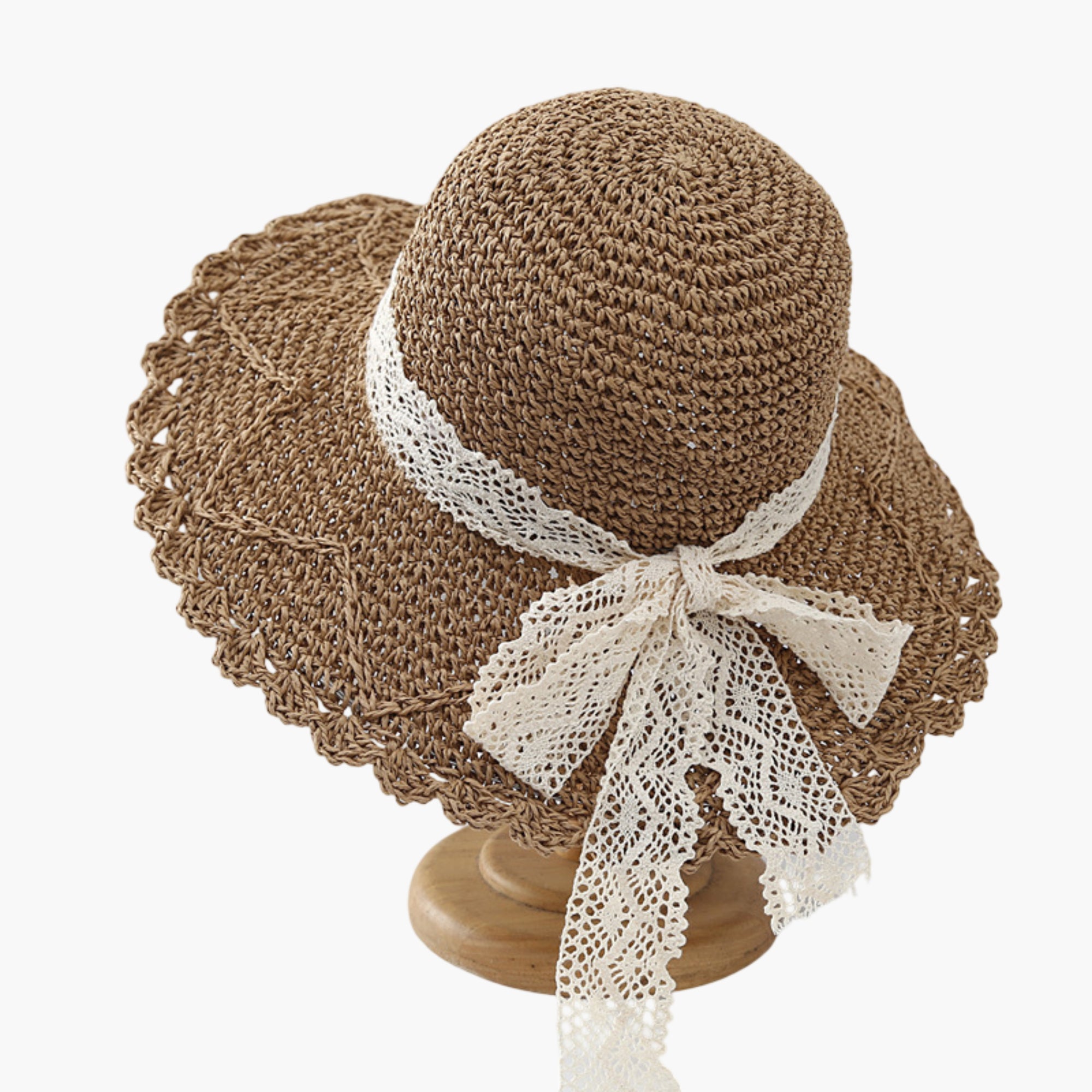 Anna-Kaci Womens Wide Brim Crochet Straw Sun Hat with Lace Bow Adjustable Fit