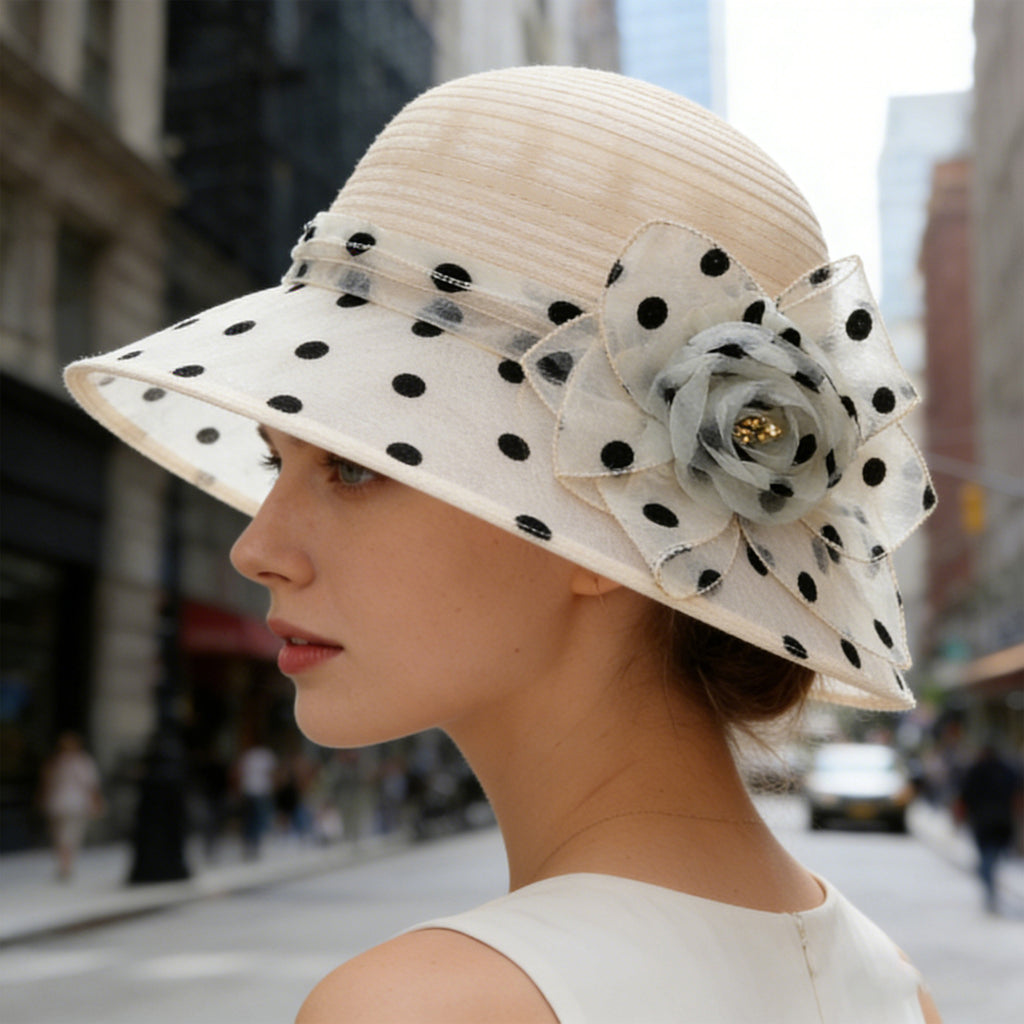 Anna-Kaci Womens Straw Sun Hat Polka Dot Bow Flower Dressy Summer Hat