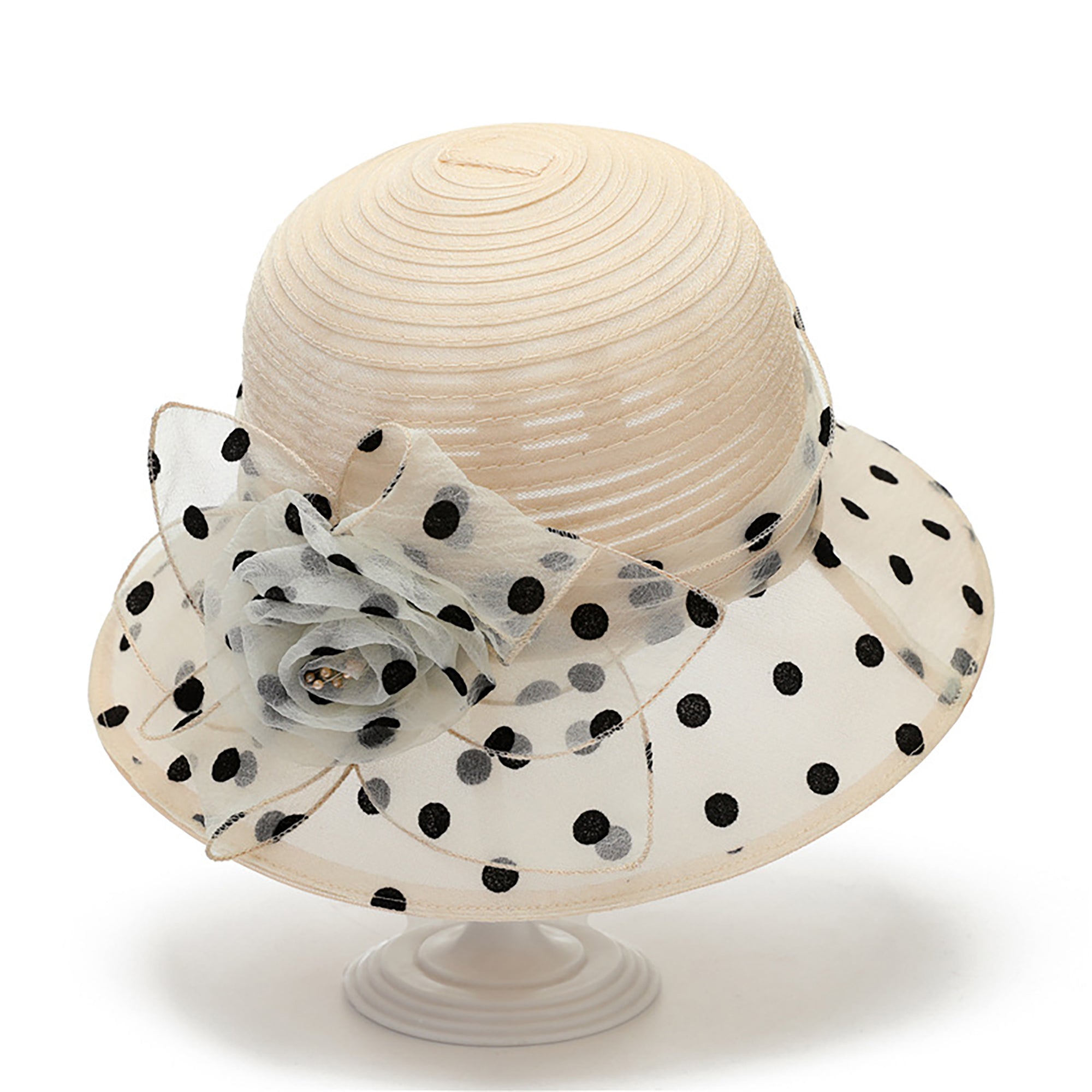 Anna-Kaci Womens Straw Sun Hat Polka Dot Bow Flower Dressy Summer Hat