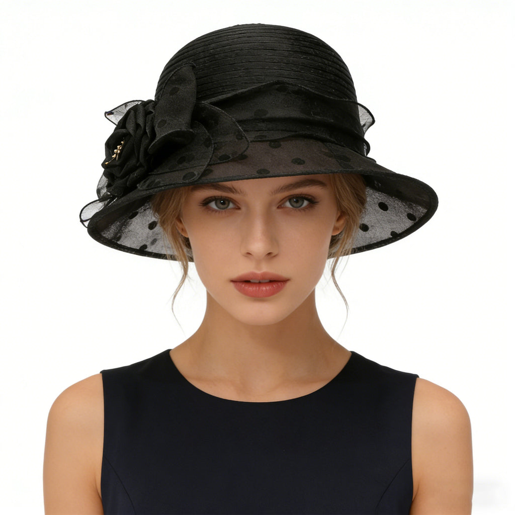 Anna-Kaci Womens Straw Sun Hat Polka Dot Bow Flower Dressy Summer Hat