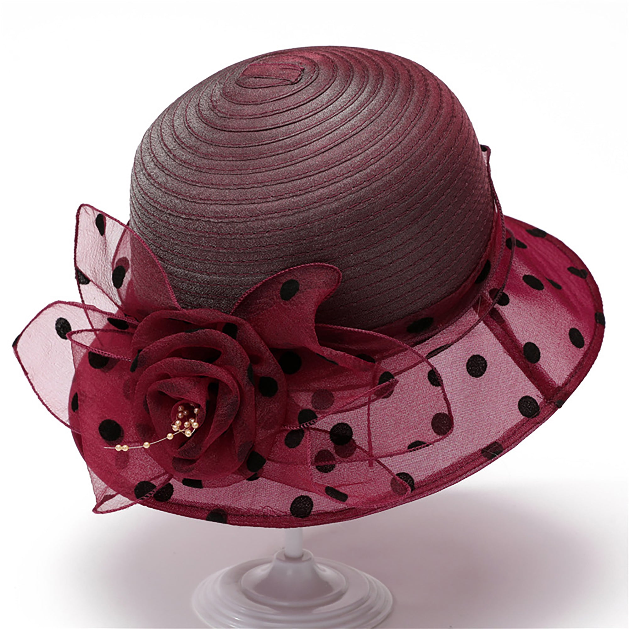 Anna-Kaci Womens Straw Sun Hat Polka Dot Bow Flower Dressy Summer Hat