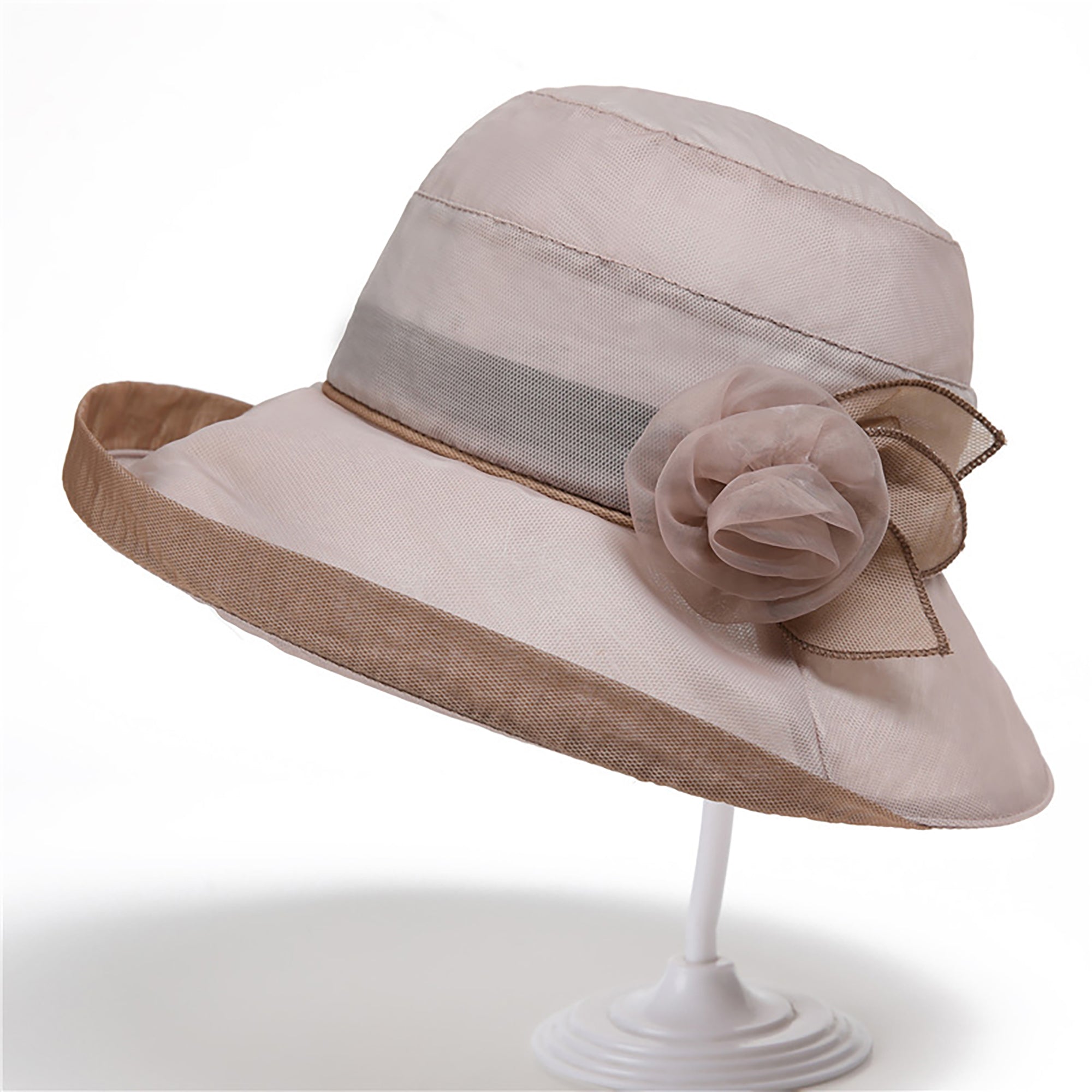 Anna-Kaci Womens Wide Brim Mesh Sun Hat Elegant Flower Accent Summer Garden Party Hat
