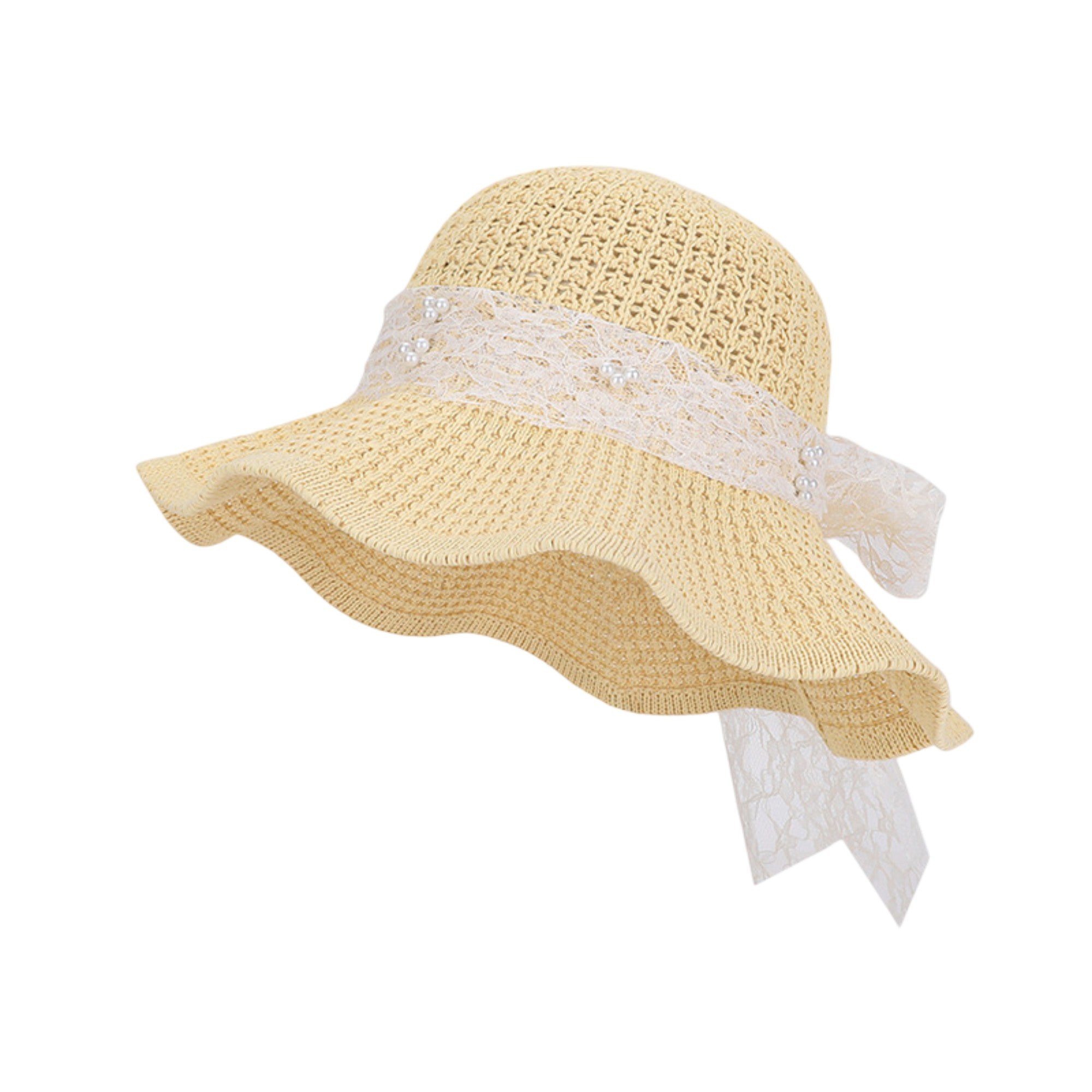 Anna-Kaci Women's Wide Brim Straw Sun Hat with Lace Bow Ribbon Pearl Decoration Summer Beach Floppy Hat