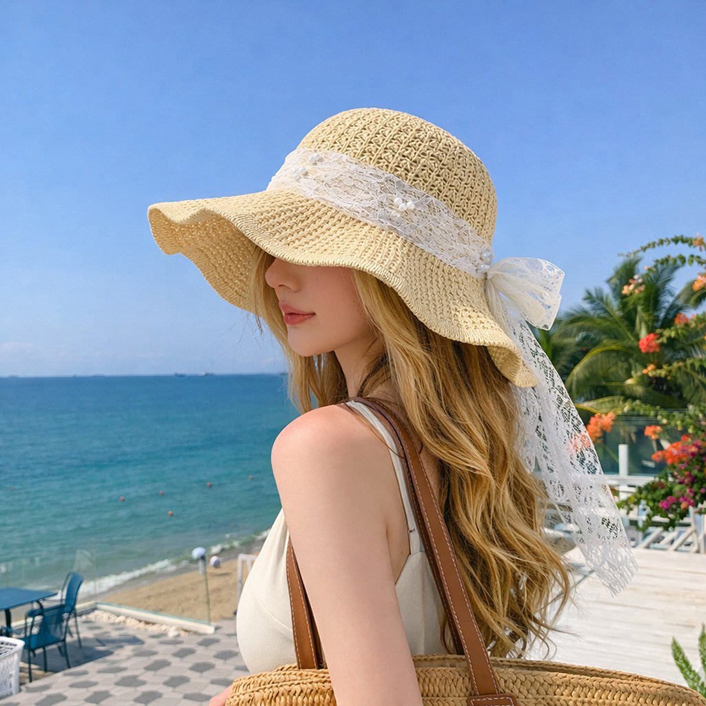 Anna-Kaci Women's Wide Brim Straw Sun Hat with Lace Bow Ribbon Pearl Decoration Summer Beach Floppy Hat